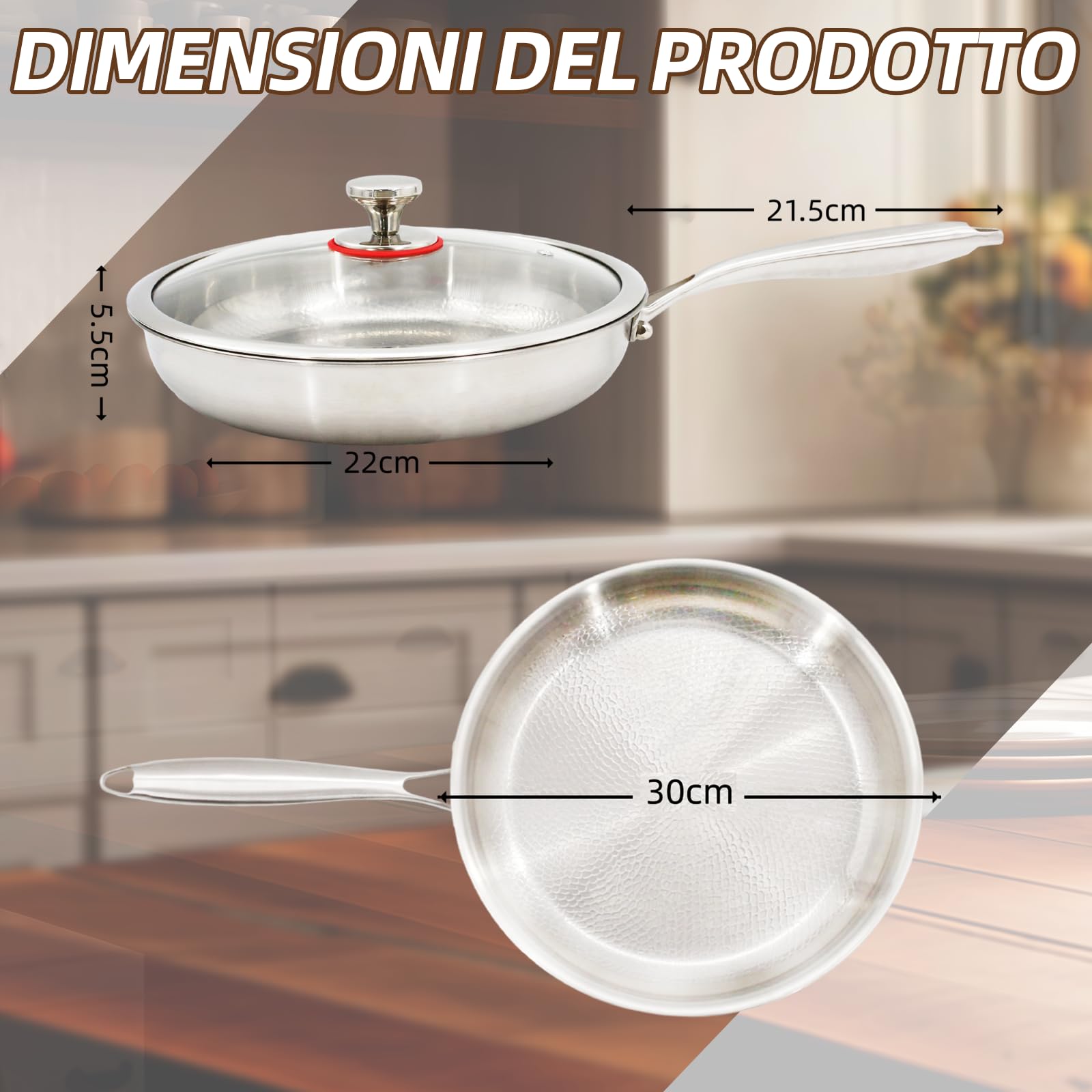 Padella in titanio non rivestita 30 cm, martellata, con coperchio in vetro e spatola – per induzione e fuoco vivo, ideale per cucina e campeggio