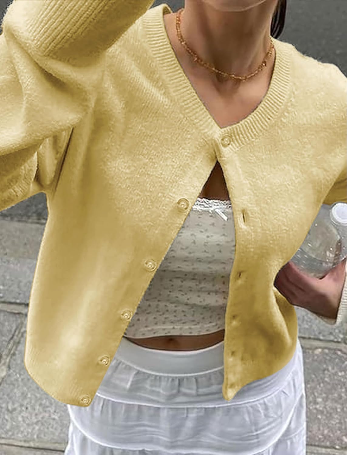 Womens Cropped Cardigan Sweaters Y2K Button Up Knit Sweater Open Front Long Sleeve Crew Neck Casual Fall Outfits - Image 3