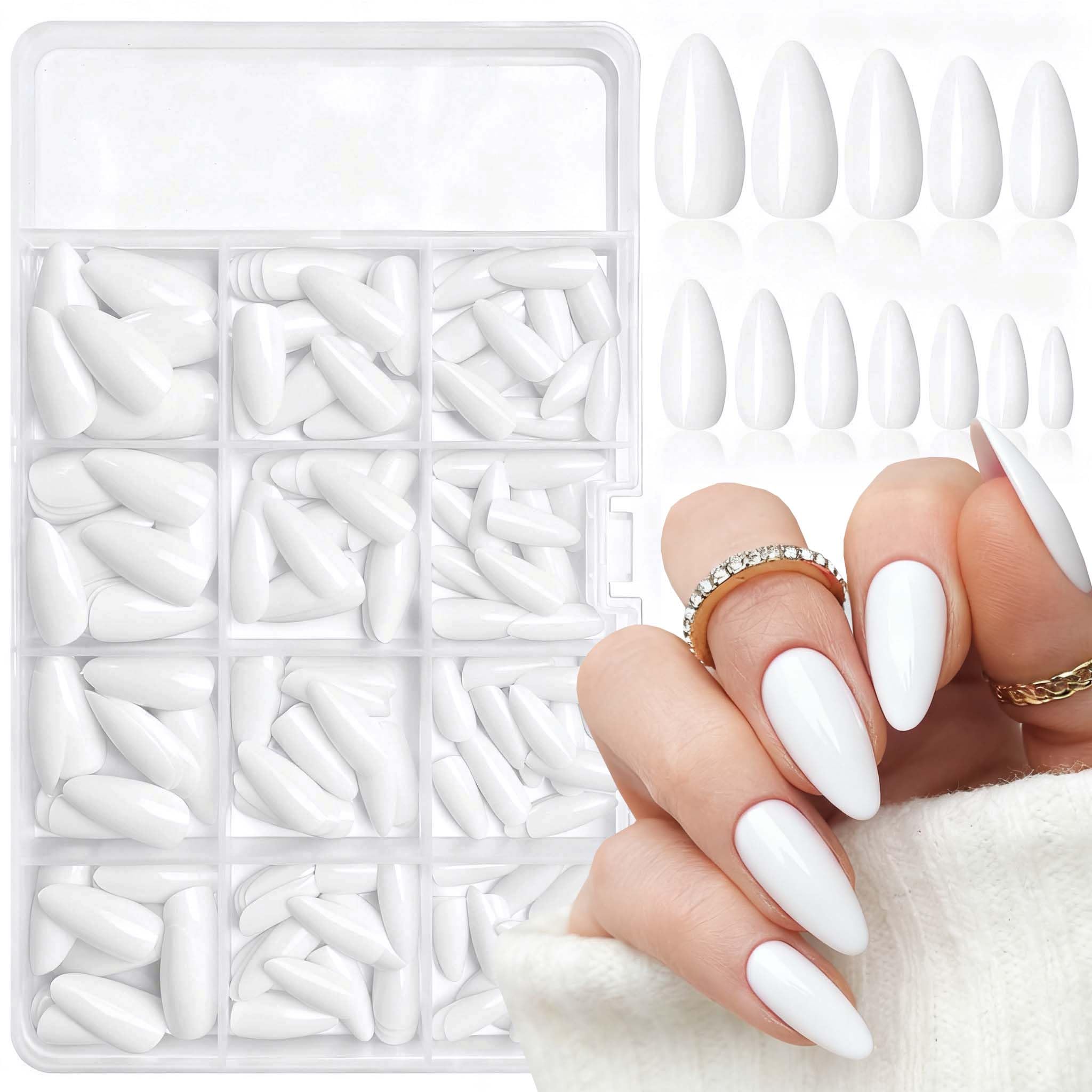 LoveOurHome 240pc Short Almond White Press on Nails Colored Fake Nail Tips Full Cover Artificial Fingernail French Stiletto Manicure with Adhesive Tabs for Women Girls Kids