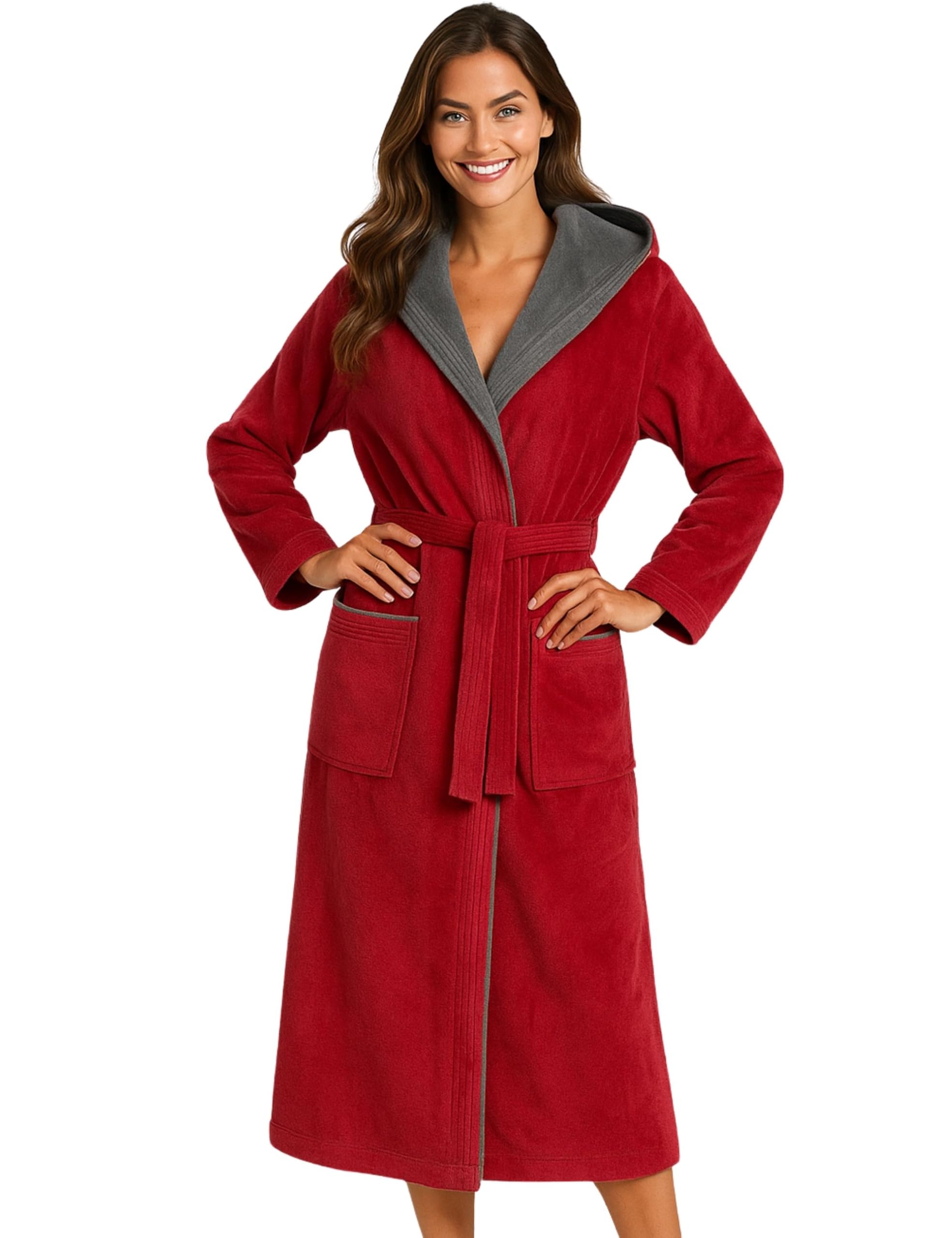 Morgenstern Women's Red Dressing Gown With Hood Cotton Terry Towelling Velour Long, S