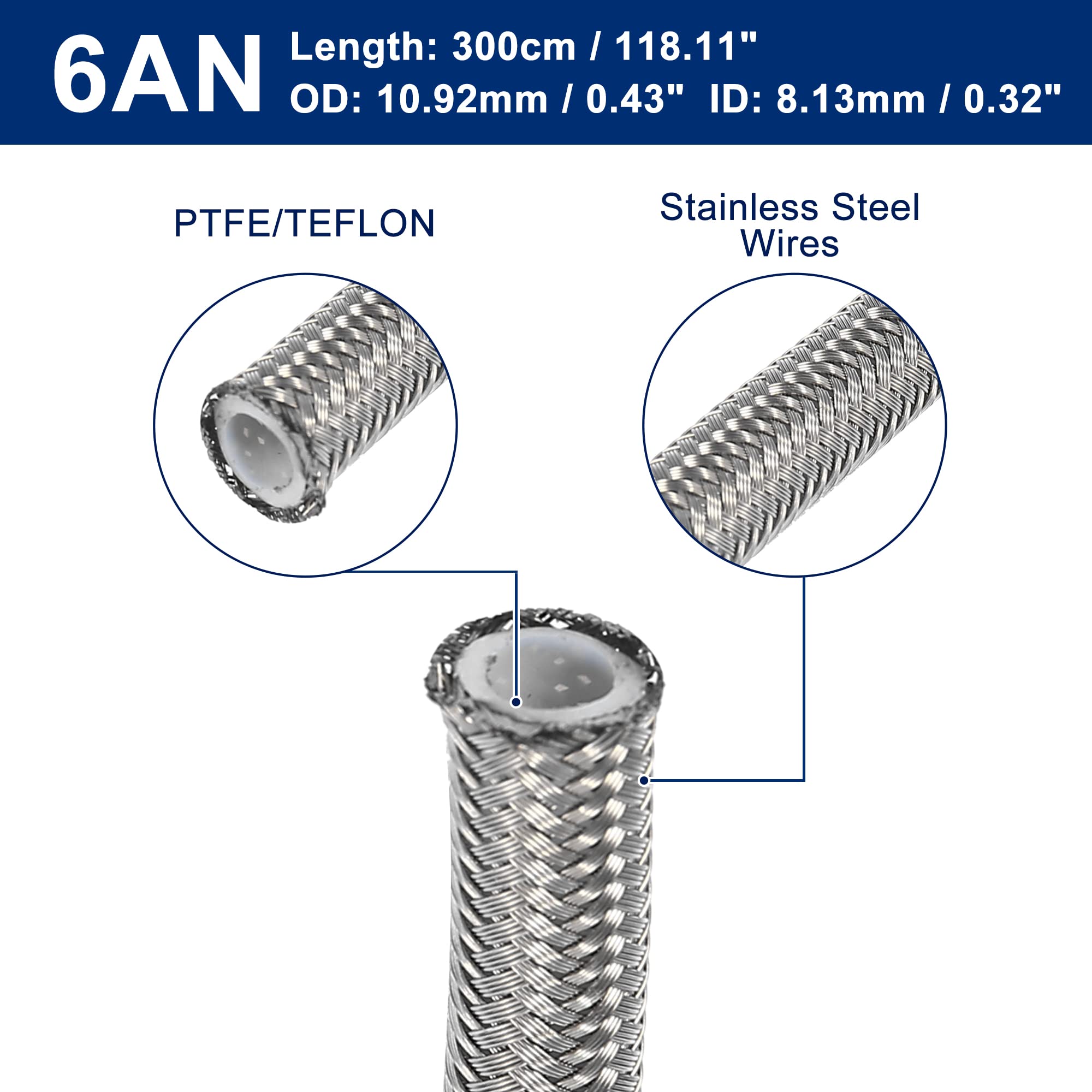 X AUTOHAUX Öl Brennstoff Gasleitung Schlauch AN6 1pc Für Auto Hochdruck | PTFE, Edelstahl, Silberton, 300cm, Öl, Bremsflüssigkeit, Arbeitsdruck 3000 PSI, Für Schiffsmotoren, Rennwagen, Fahrräder