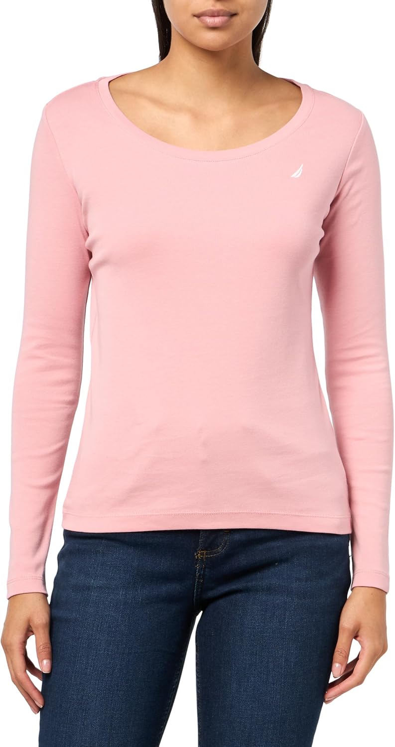 Nautica Womens Long Sleeve Solid Scoop Neck Cotton T-Shirt