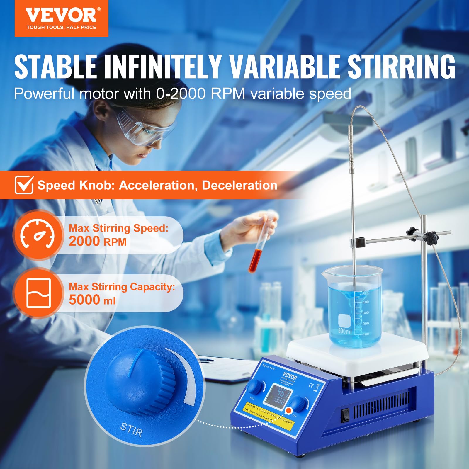 VEVOR Piastra Riscaldante con Agitatore Magnetico, Max 300°C/572°F, 0-2000 RPM con Agitatore Magnetico, Agitatore Riscaldante da 5000 ml con Schermo LED, Potenza di Riscaldamento 500 W