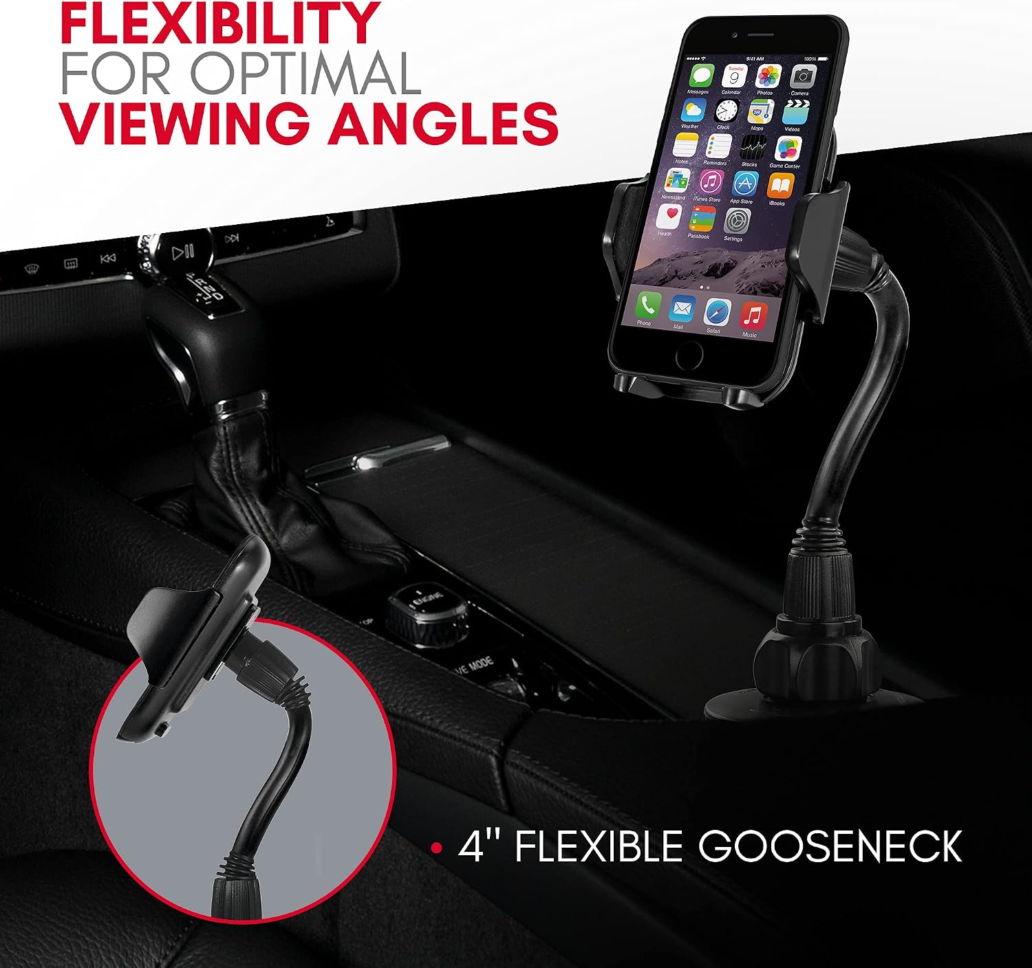Macally Car Cup Holder Phone Mount - Secure Cupholder Fit for Phones up to 4.1” Wide - Cup Phone Holder for Car with Flexible Gooseneck & 360° Rotatable Cradle - Cell Phone Cup Holder for Car