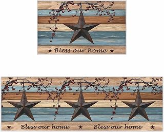 Texas Star Vintage Kitchen Rugs Set of 2, Berry Navy Blue Brown Wooden Washable Bath Shower Door Welcome Runner Rug Mat Carpet for Bedroom Bathroom Living Room Throw Desk Rug, 20"x 24"+ 20"x 48"