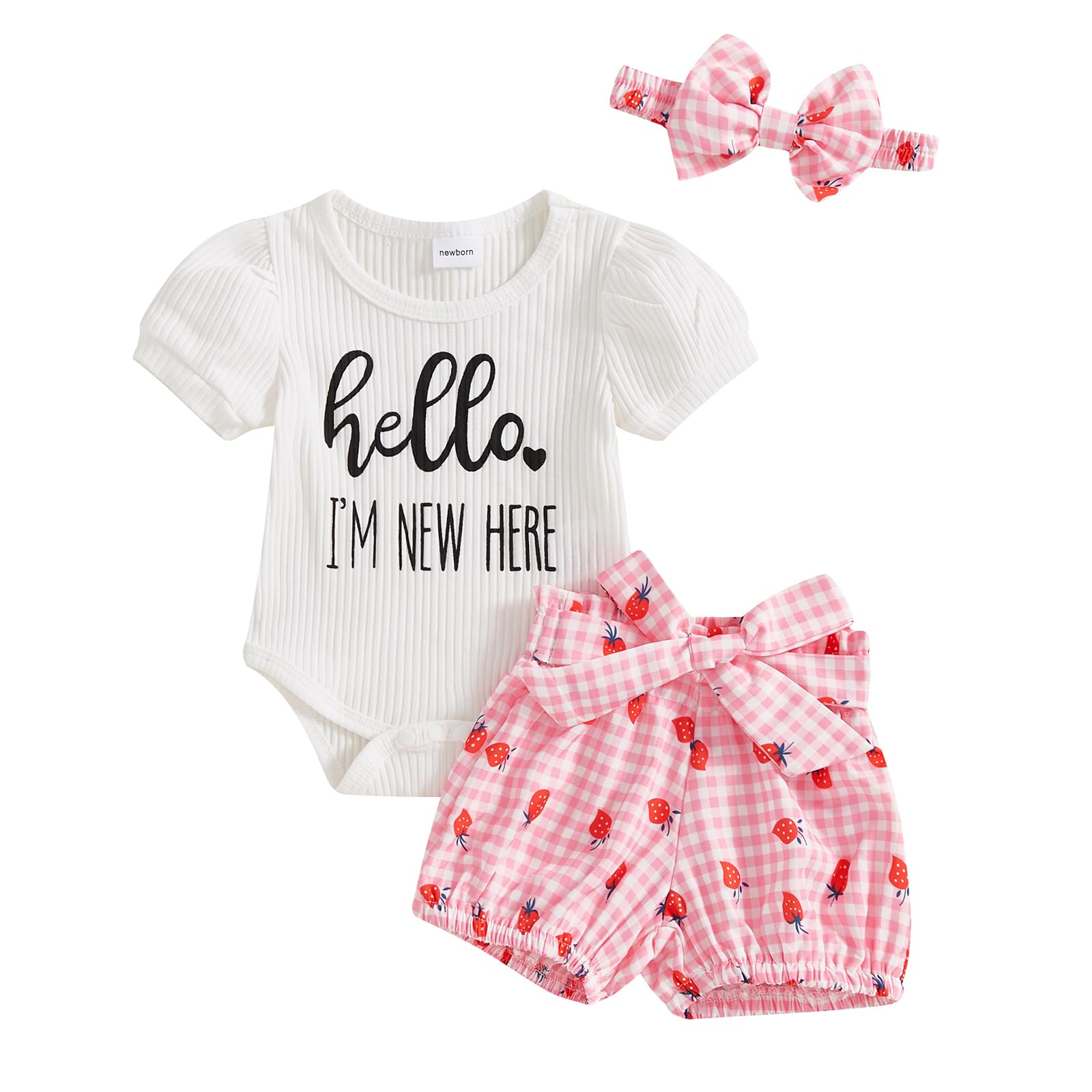 wybzd Hello Im New Here Newborn Outfit Girl Infant Premise Going Home Outfits Ribbed Romper Shorts Set Baby Summer Clothes