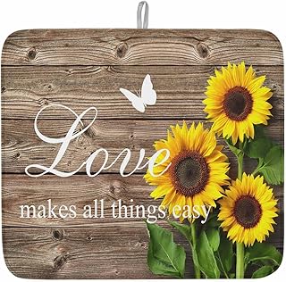 Yellow Sunflowers Dish Drying Mat for Kitchen Counter Love Brown Wood Striped Countryside Super Absorbent Microfiber Coffee Bar Mat Washable Dish Drainer Rack Mat, 1 Pack, 16" x 18"