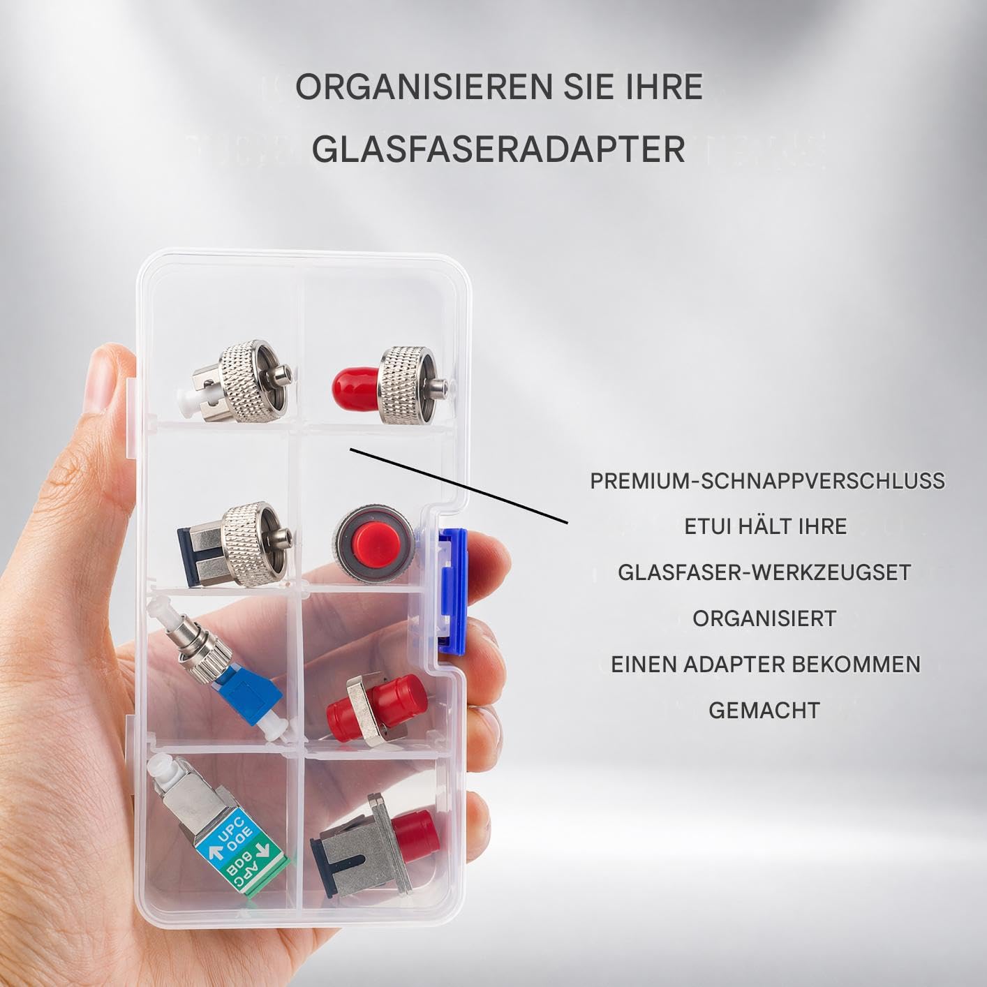 Lot de 8 adaptateurs OTDR en fibre optique pour SC FC ST LC - Pour les connexions réseau FTTH - Avec boîte de rangement amovible en plastique solide.