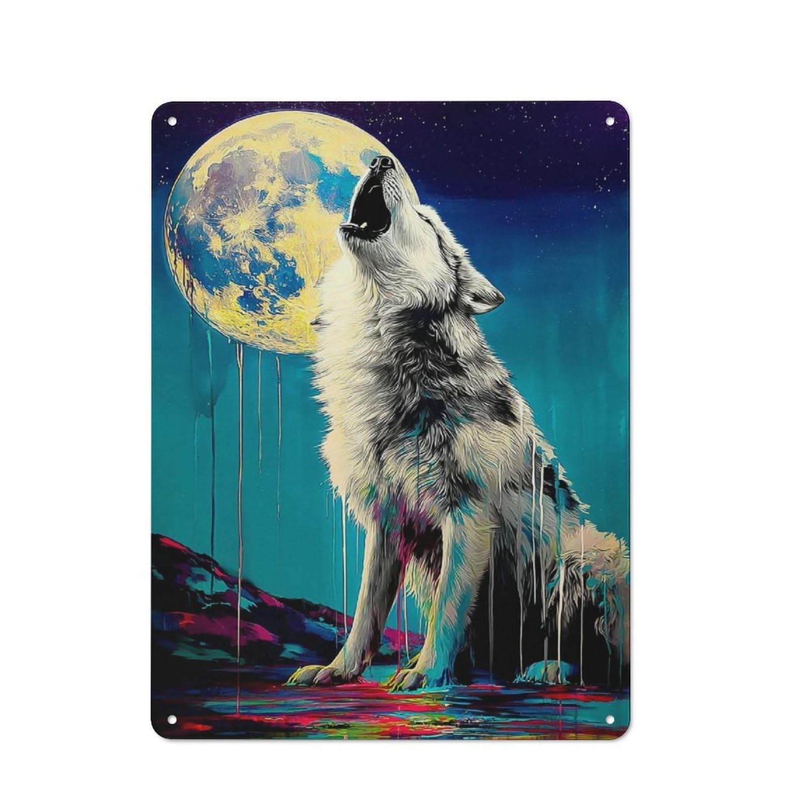Junmoney Howling Wolf Under Moonlit Sky -4 Metal Wall Sign 40X30cm Featuring For Café Or Restaurant, A Decorative Metal Sign For Cafés And Restaurants