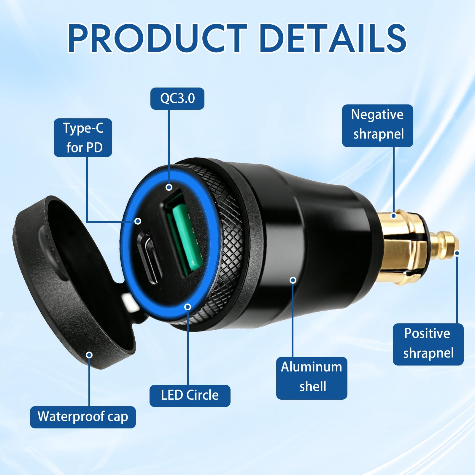 30W Cargador Enchufe DIN para Motocicleta Aluminium Admite Carga Rápida Type C & USB A Integra un Indicador LED de Energía a Prueba de Agua para 12V-24V BMW Ducati Triumph