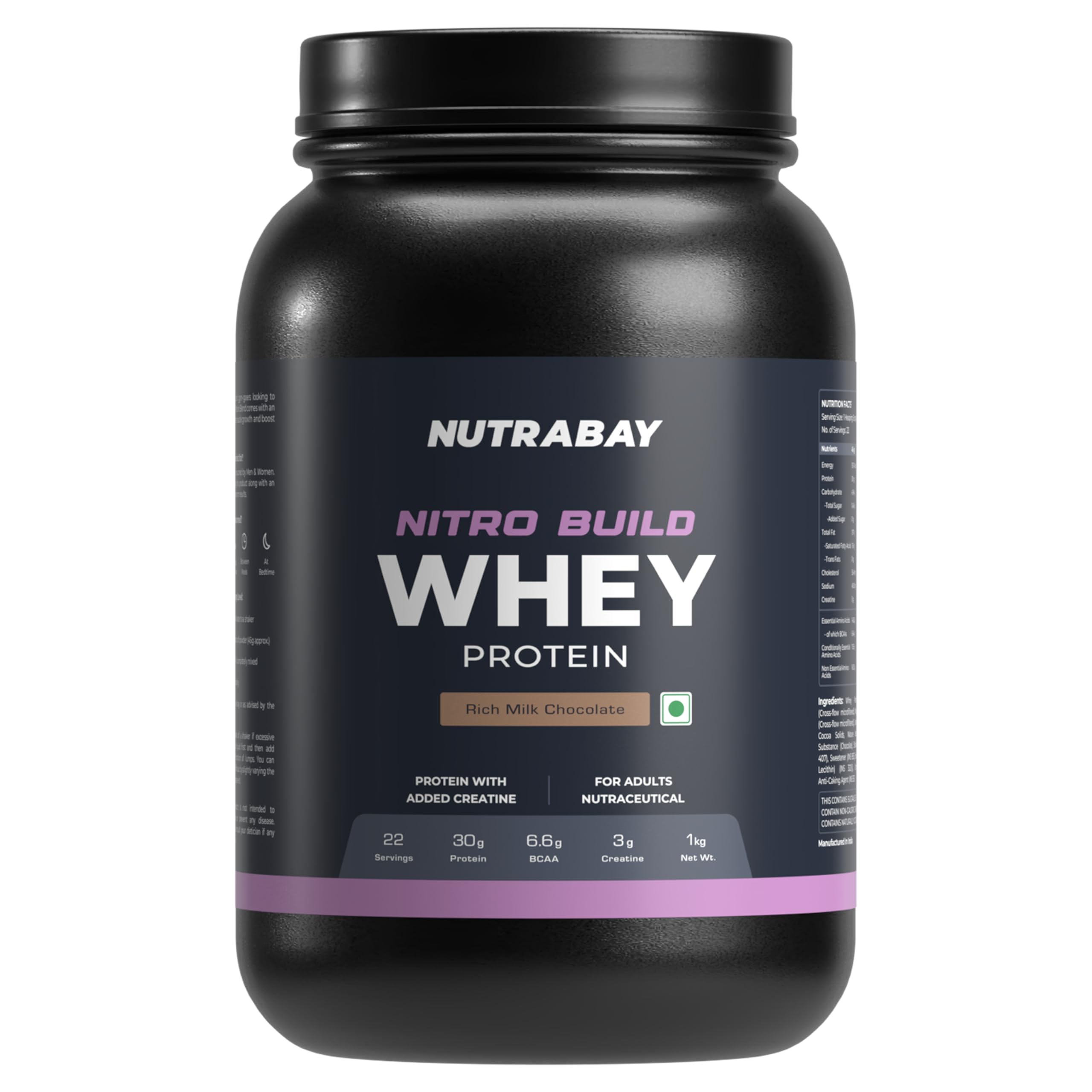 Pro Nitro Build Whey Protein Powder - 1kg, Milk Chocolate | 30g Protein, 3g Creatine, 6.6g BCAA | Easy to Digest | NABL Lab Tested | Muscle Growth & Recovery | Gym Supplement for Men & Women