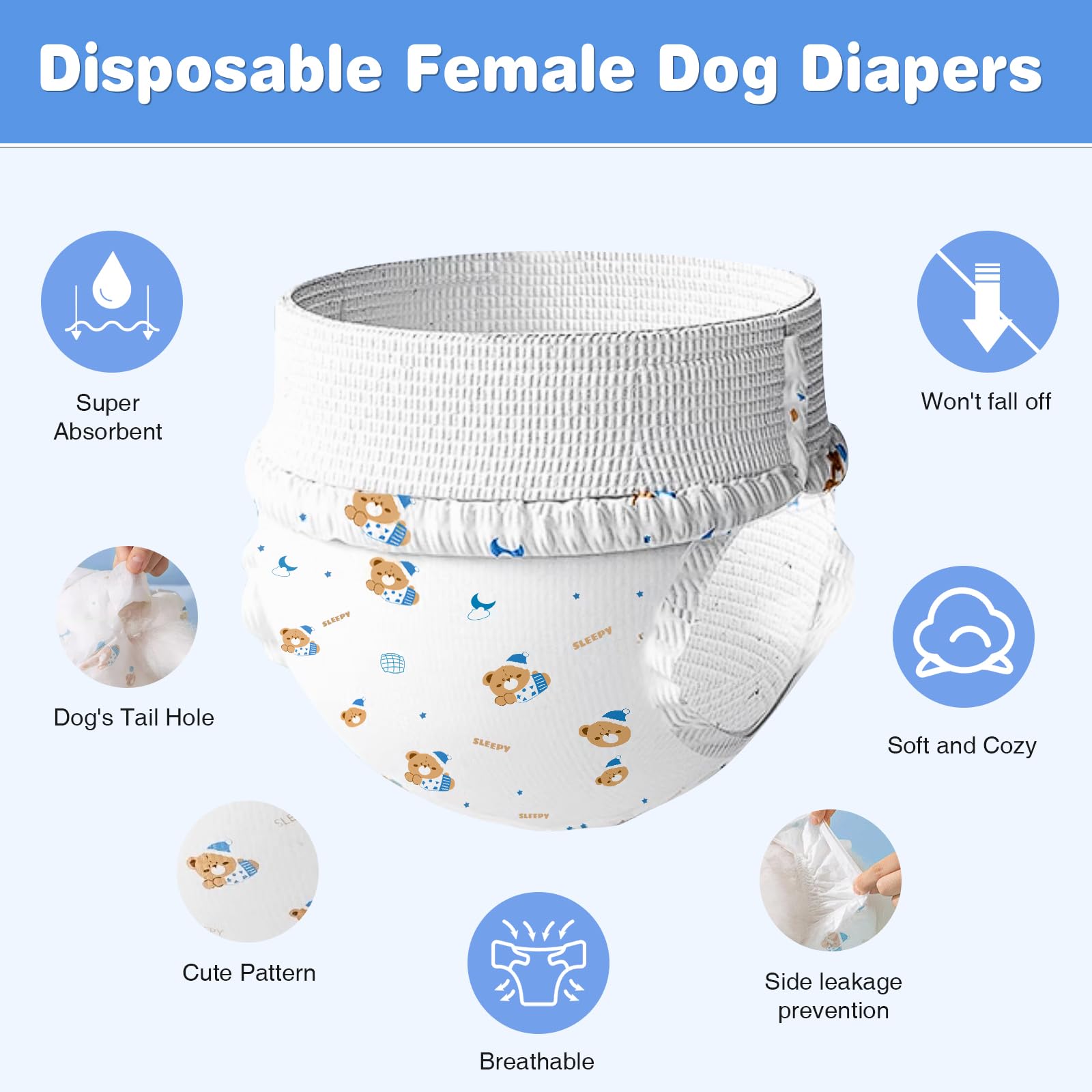 Ambreview Pañales para perras, pañales desechables para perras, ultra absorbentes y antifugas laterales, pañales elásticos para perros en celo/ancianos/discapacitados (XS, 30 unidades)