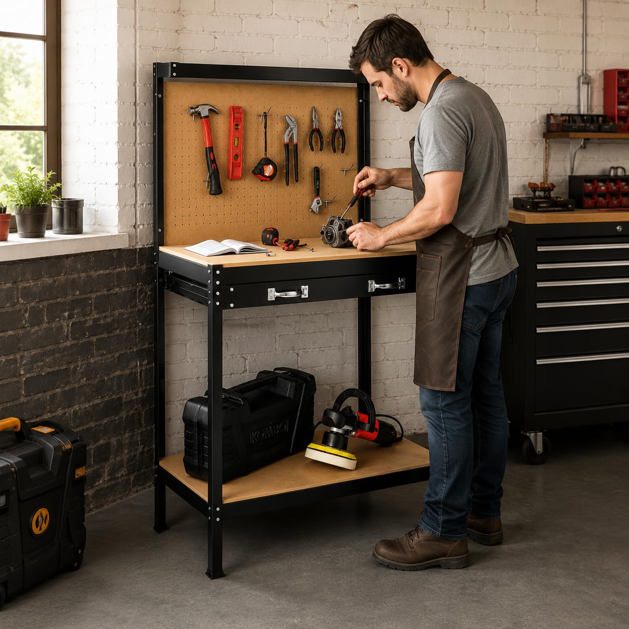KOMBO - Banco da Lavoro in Alluminio con 2 Ripiani in MDF, 1 Cassetto, Schienale in MDF con 20 Ganci – 91x48x140 cm – Struttura Robusta, Salvaspazio, Ideale per Garage e Officine