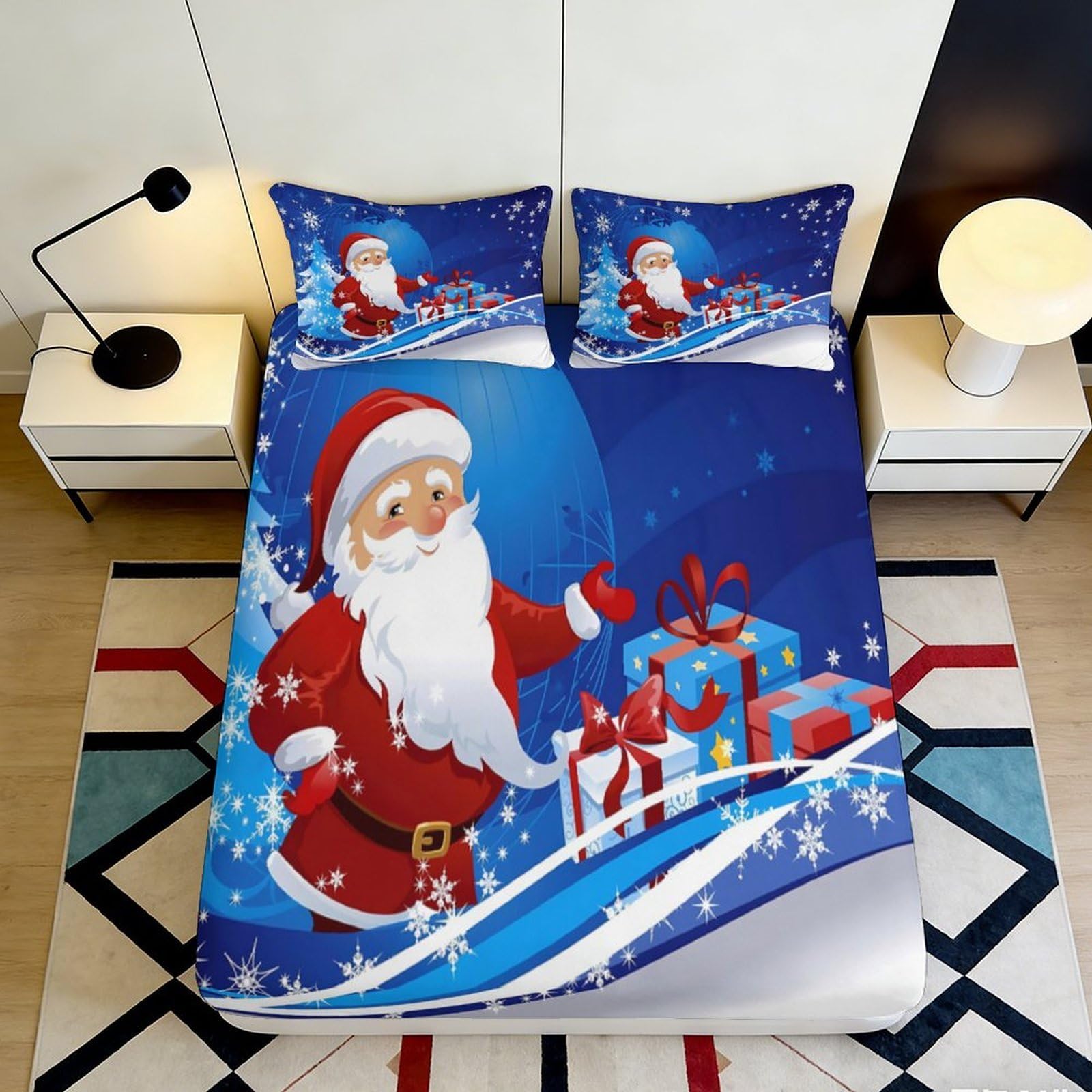 3D Printed Santa Claus Fitted Sheet Microfiber Soft Breathable Bed Cover for Bedroom Dormitory Guest Room Mattress Protection 200x200x25cm