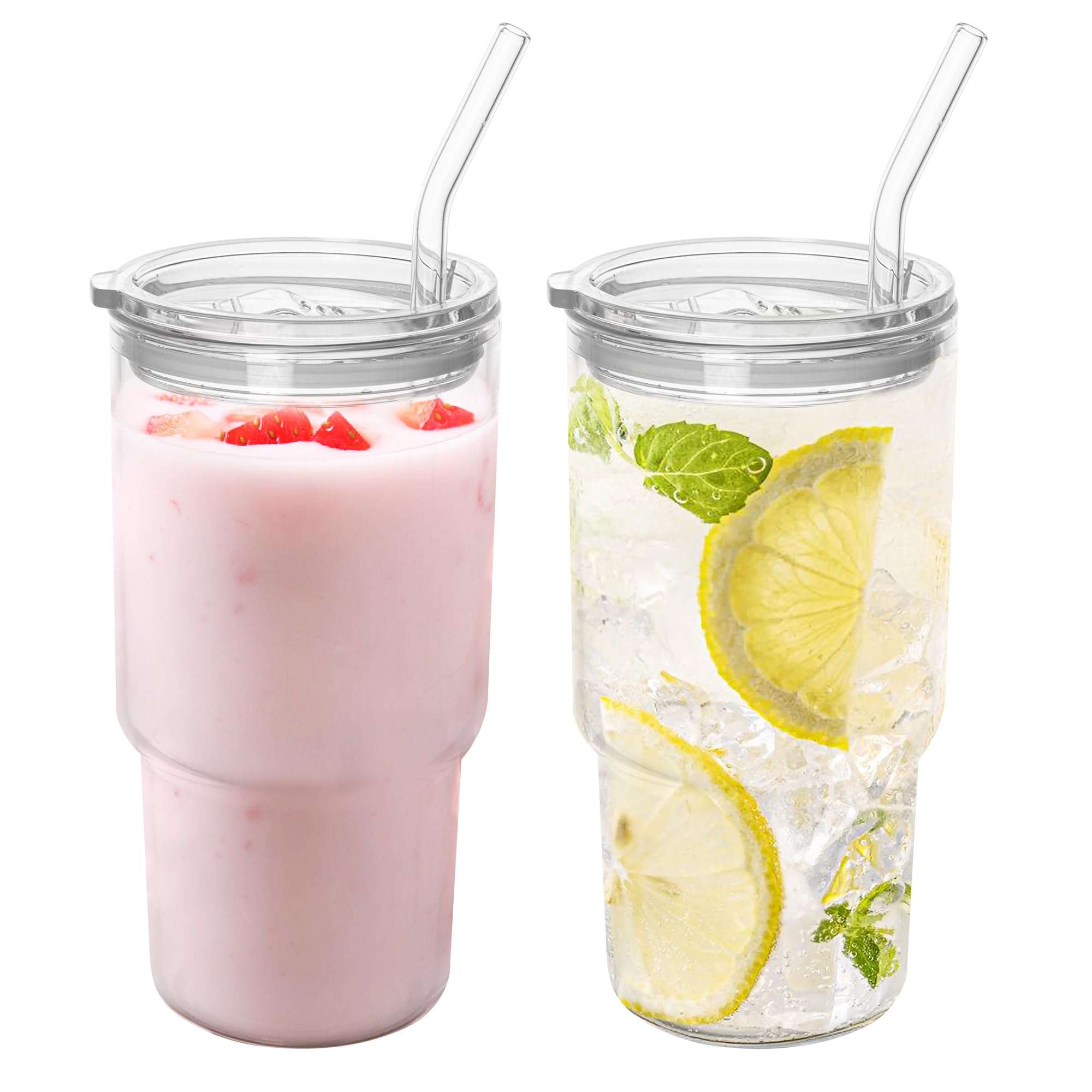 Glass Tumbler with Lid and Straw, High Borosilicate Glass Coffee Cup Smoothie Cups 24 oz/750ml for Hot or Cold Drinks 2 Pack