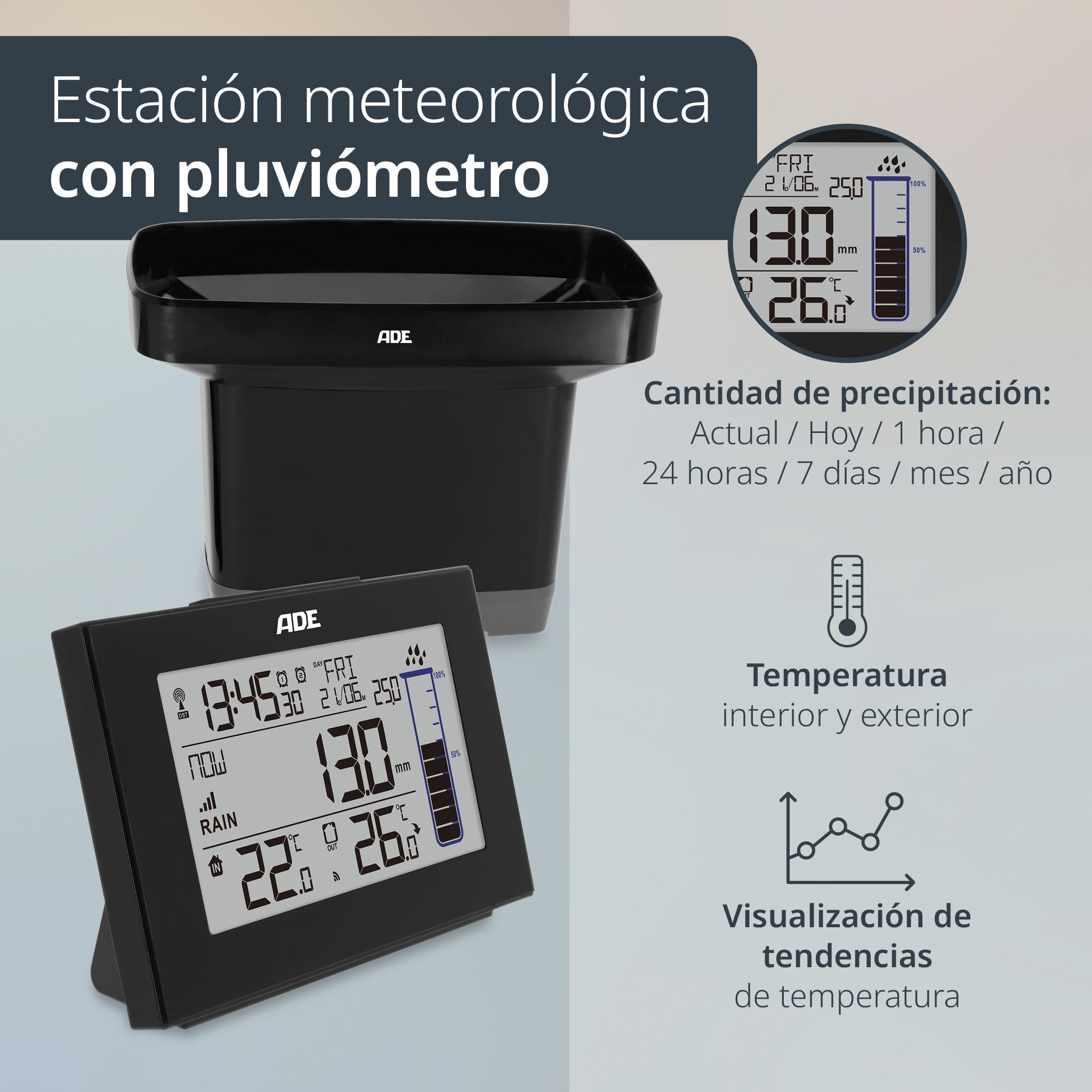 ADE Pluviómetro WS1907 (Estación meteorológica con pluviómetro para el jardín con Sensor de Radio, termómetro para Interior y Exterior, Radio Reloj Digital con Despertador), Negro