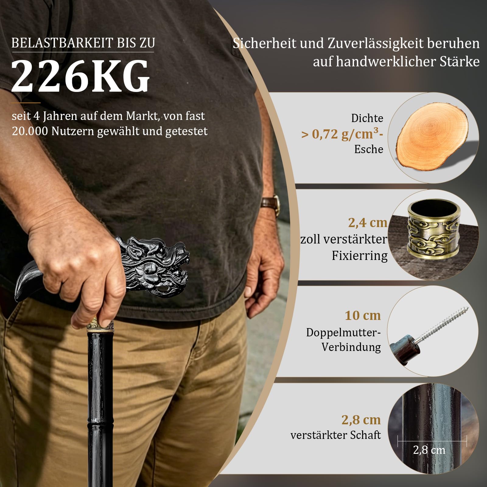 Gehstock Holz, Handgeschnitzter Hochwertiger Gehstock Herren und Damen, Leichtes Design trägt bis zu 226kg Gestöcke für Senioren, Geeignet zum Verschenken