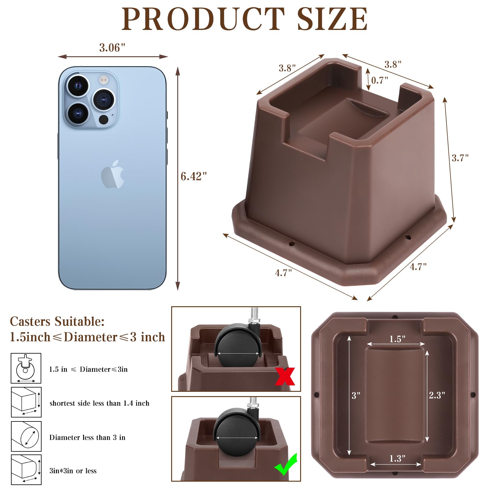 Elevadores ajustables para muebles de cama, elevadores resistentes tanto para postes como para ruedas de muebles, sofá, cama, mesa (marrón, paquete de 8, 3 pulgadas)