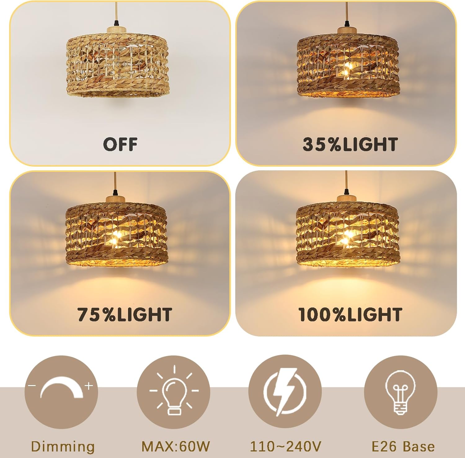 Hand-Woven Pendant Light, 11.8" Boho 1-Light Natural Rattan Hanging Lighting Fixture Ceiling Coastal Basket Chandelier Wicker Durm Lamp for Kitchen Island Living Dining Room Nursery