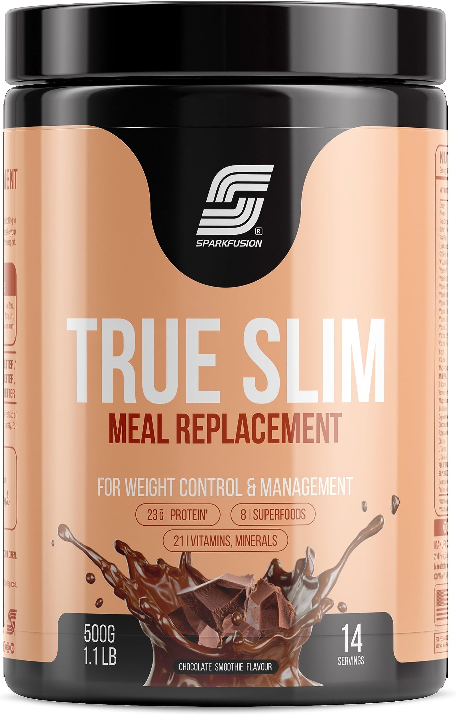 Sparkfusion True Slim Protein Powder Meal Replacement Shake | For Weight Control And Management | 23 gm Protein With 8 Ayurvedic Superfood | Sugar Free | For Men and Women (Chocolate Smoothie, 500 gm)