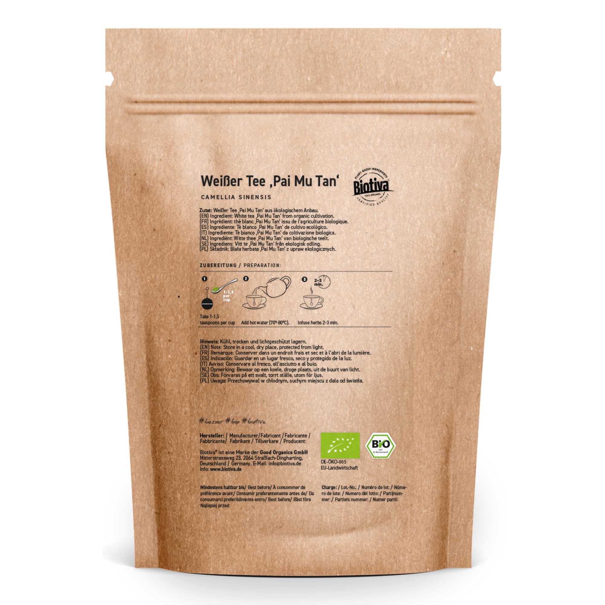 Biotiva Té blanco Pai Mu Tan orgánico 100 g - recogido a mano - suave, fragante y aromático - certificado de comercio justo