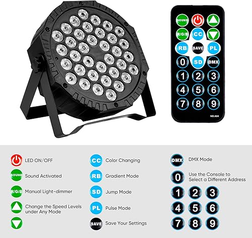Miniatura 6 de Luces LED para escenario DJ Par, 36 luces RGB para fiesta con control remoto activado por sonido, 7 modos de iluminación estroboscópica para