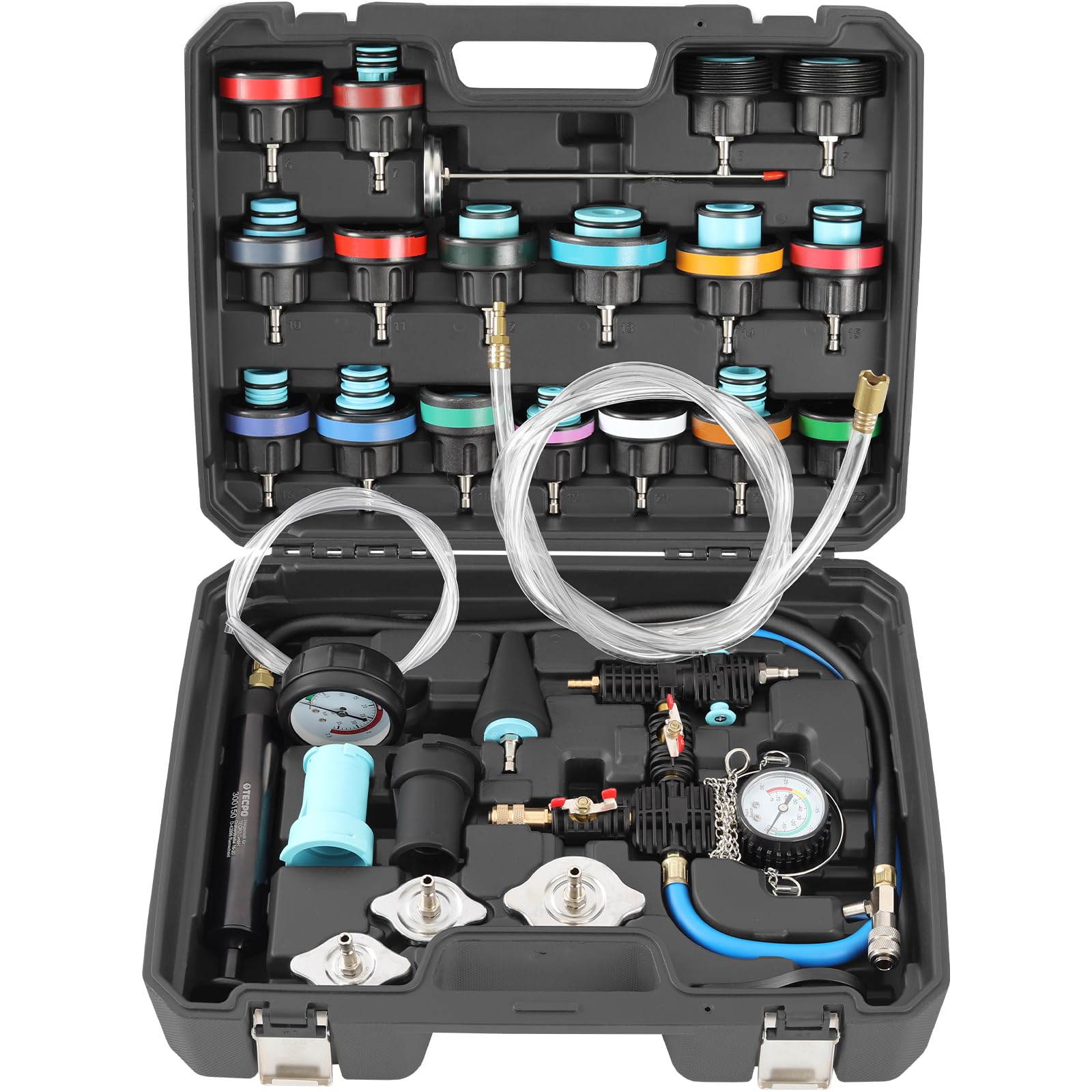 TECPO Kühlsystem Prüfgerät, Vakuum-Abdruck-Set, für PKW & leichte LKW, mit Pumpe, Manometer & Kühleradaptern, Druckprüfung 0-2,5 bar & Dichtheitskontrolle mit Vakuum-Wartungsset für Kühlmittel