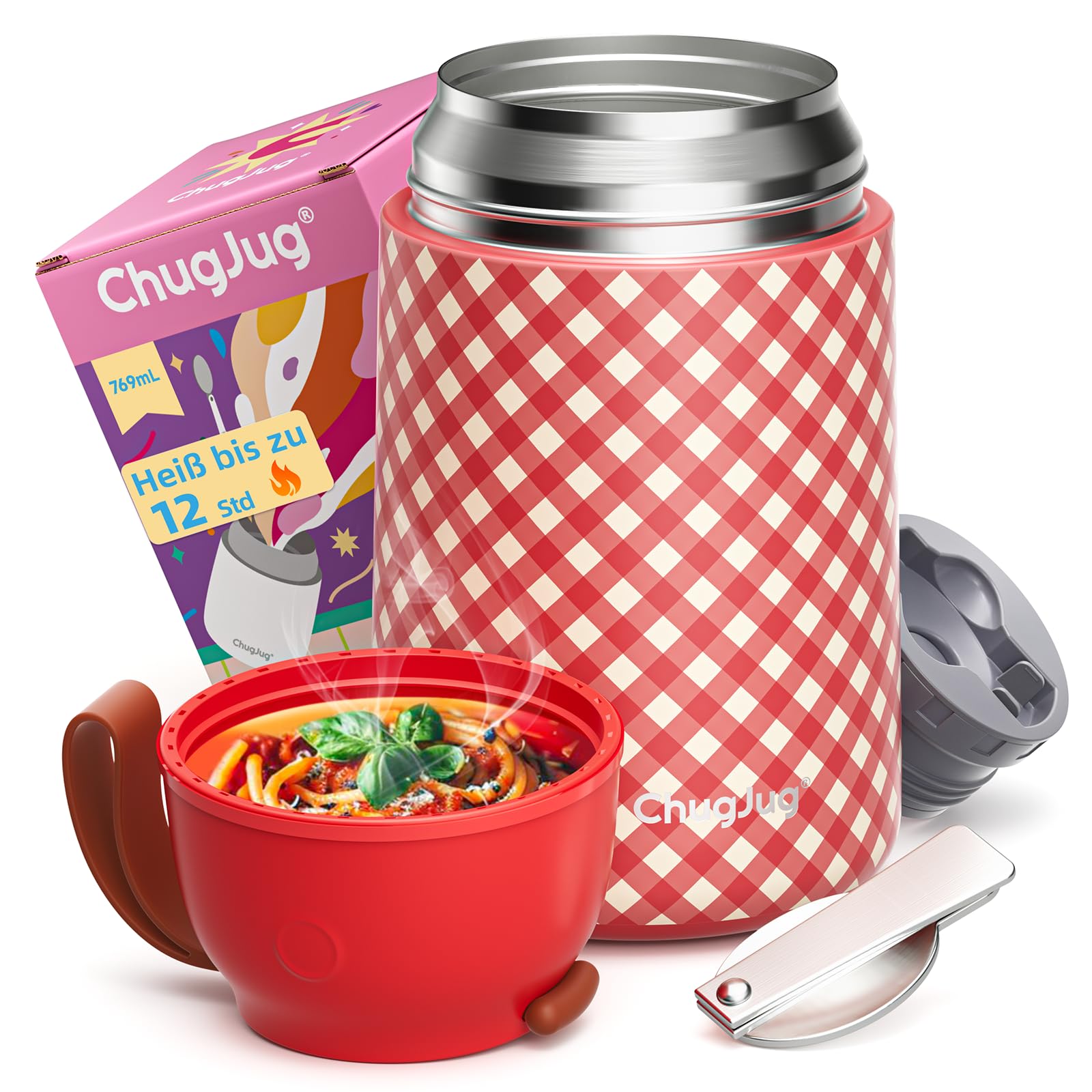 ChugJug Thermobehälter für Essen 750ml, Edelstahl Thermobecher für Essen Warmhaltebehälter mit Löffel, Auslaufsicher Lunchbox, BPA-frei, Thermobox Suppen, Müsli to Go-Hält 12 Stunden Heiß oder Kalt