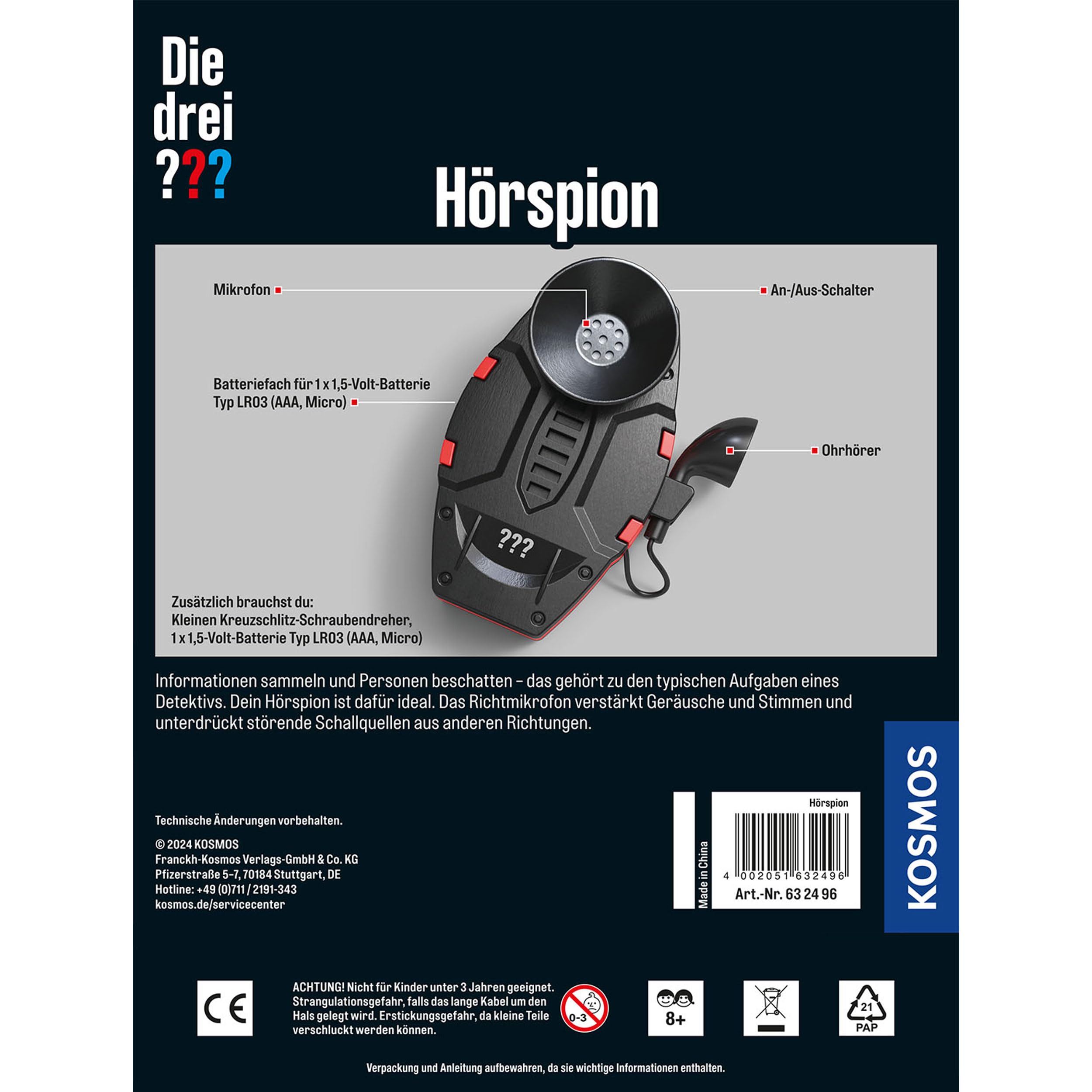 Kosmos Die DREI Spioncino Acustico 632496, Detective Gadget, Giocattoli Detective, Attrezzature Agente per Bambini da 8 Anni, i Tre Punti interrogativi Giocattoli, Attrezzature Detective, Set