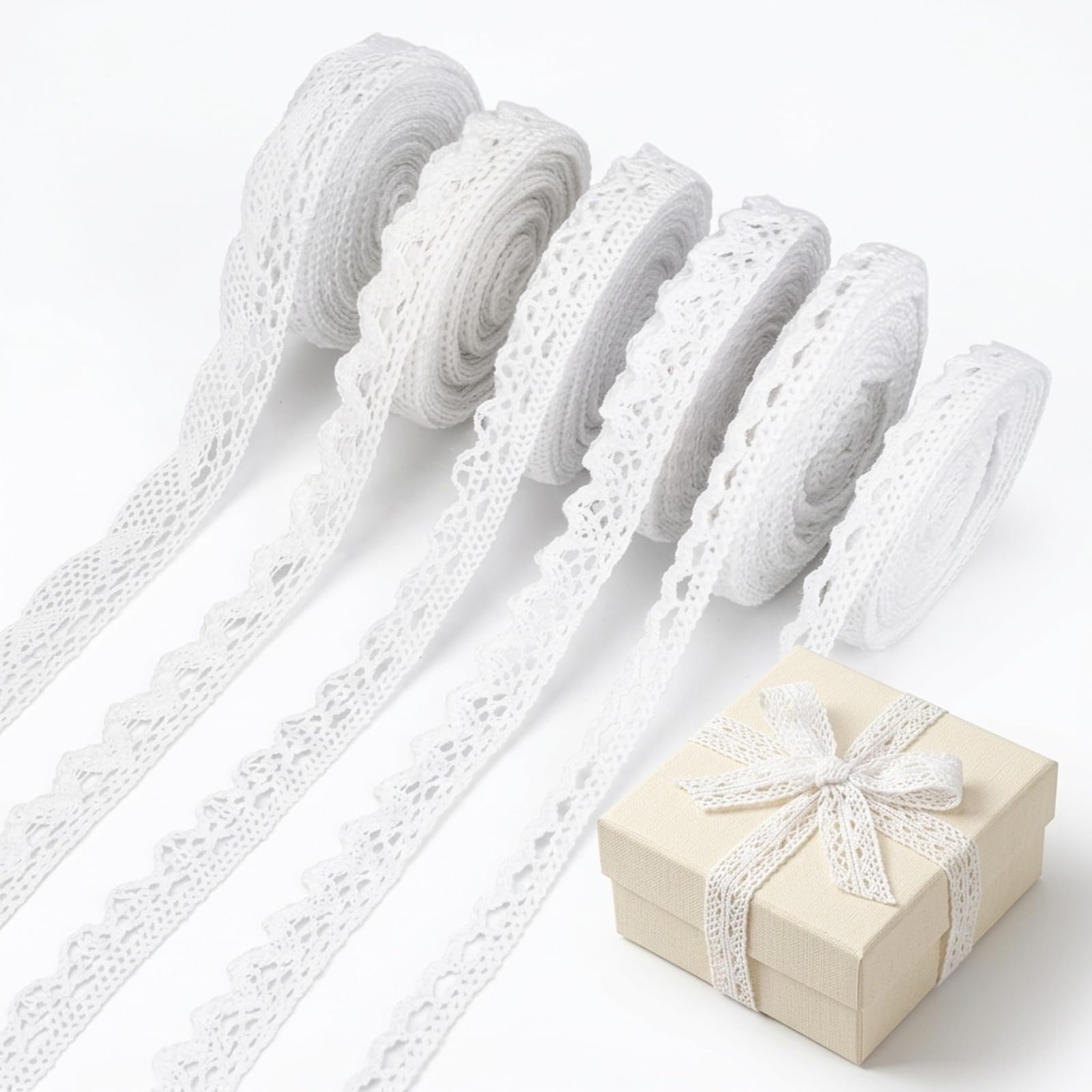 Gipnva 6 Rolls Lace Trimming for Sewing, 30 Yards Vintage White Cotton Crochet Ribbon, 0.8-2cm Width Lace Trim for Crafting, Gift Package, Wedding Cards, Christmas Decorations