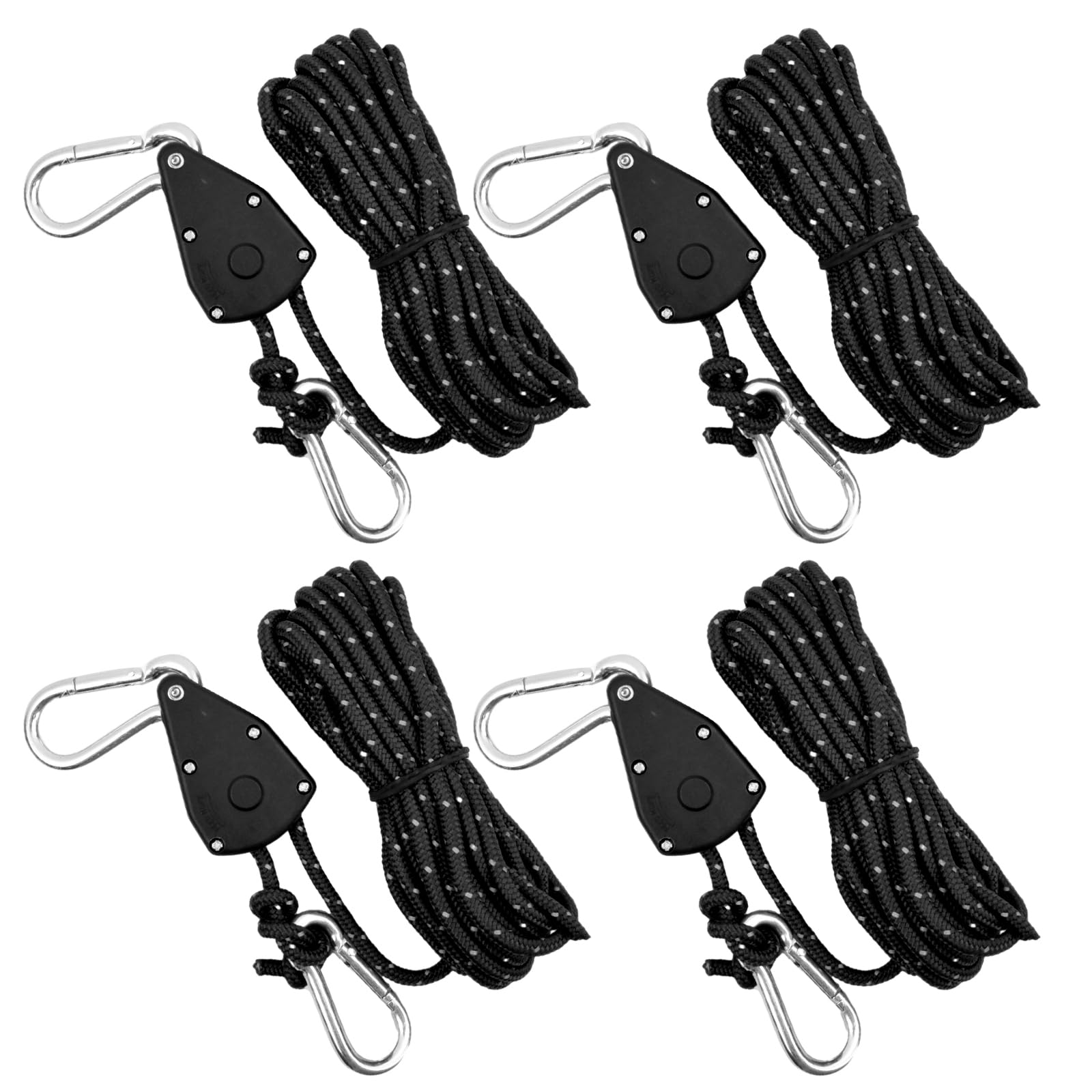 4 Piezas Cuerdas Tienda Campaña, 6mm Cuerdas Reflectantes para Tienda, Trinquete de Cuerda de Suspensión con Gancho, Cuerda Paracord de Nailon para Acampar al Aire Libre, Toldo (Negro, 5M)