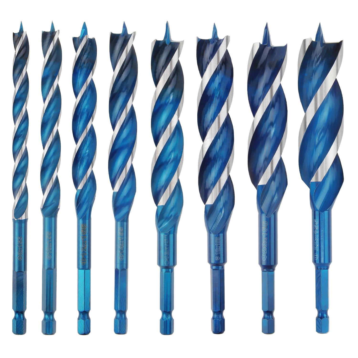 KEWAYO 8 Pieces Woodworking Drill Bit Set, 8-22mm Three-Slot Four-Edge Auger Drill Bit, 1/4 Inch Hex Shank Woodworking Twist Drill, for Door Lock Wood Slotting Tool