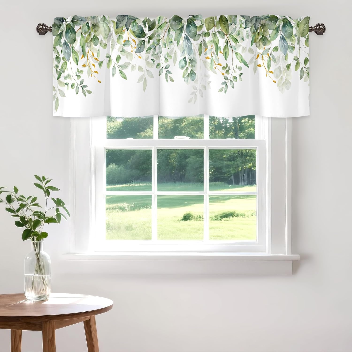 Green Eucalyptus Leaves Valance for Windows,Window Treatment Curtains Rod Pocket Sheer Small Short Valance for Kitchen Bathroom Laundry Basement,2 Panels,42Wx12L inch,Boho Watercolor