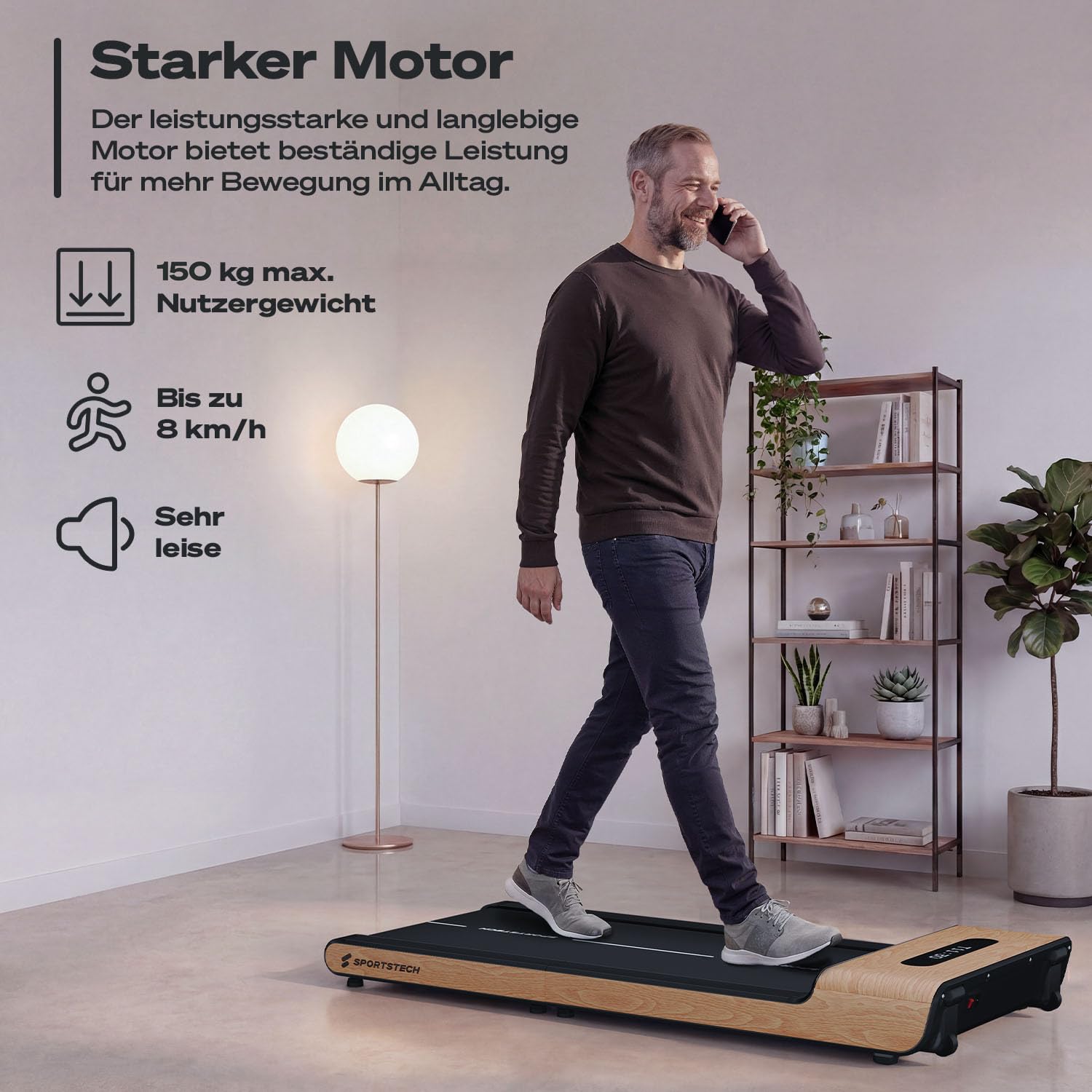 Sportstech Walking Pad Echtholz, 150kg, klappbar fürs Büro, 8 km/h, App | Fürs Home Office, Schrittzähler, unter dem Schreibtisch, kompakt, LED-Display, Bluetooth, gelenkschonend, WoodPad Pro
