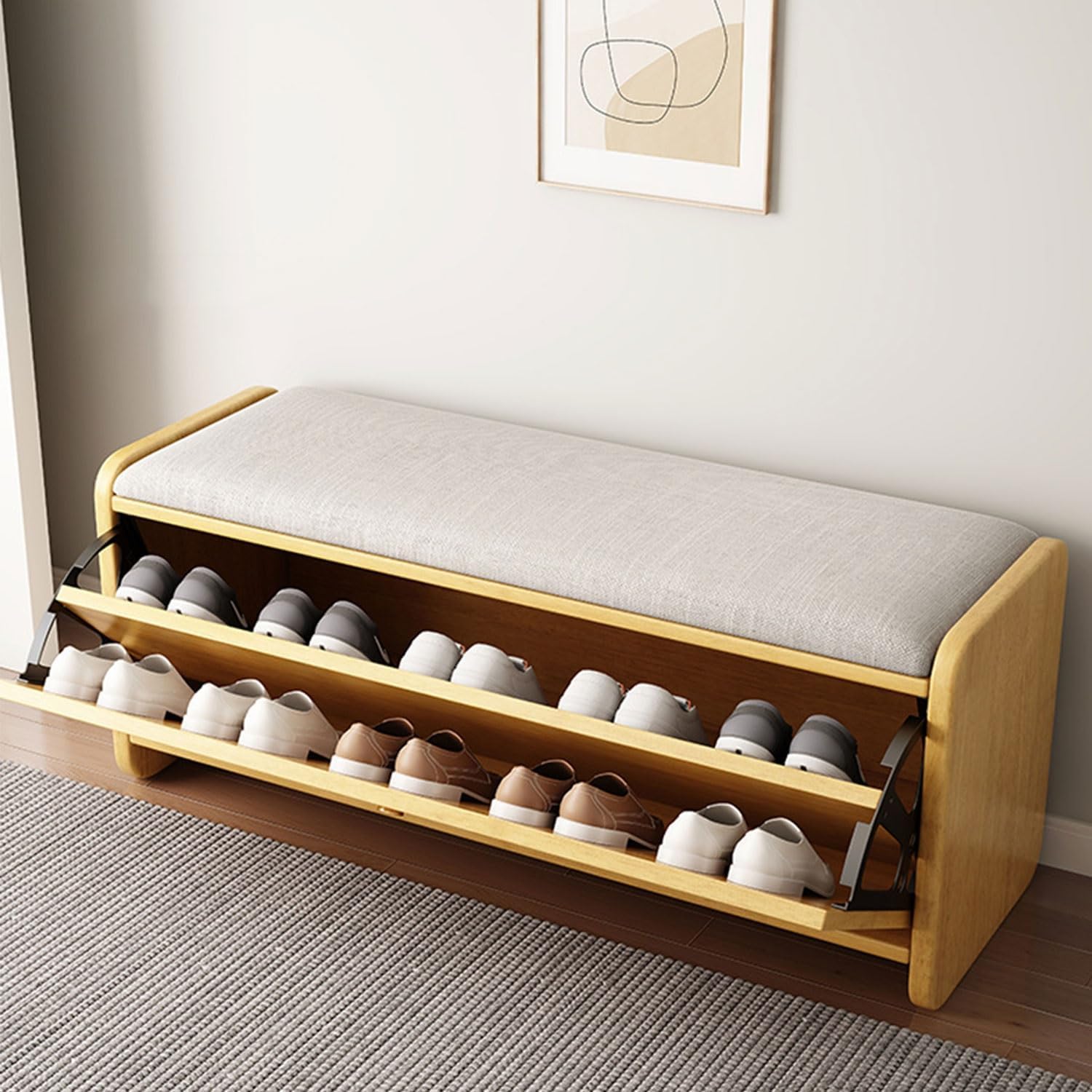 Zapatero moderno de madera con banco, 2 puertas abatibles y asiento acolchado, zapatero Slish para entrada, pasillo, dormitorio (blanco, 60 cm)