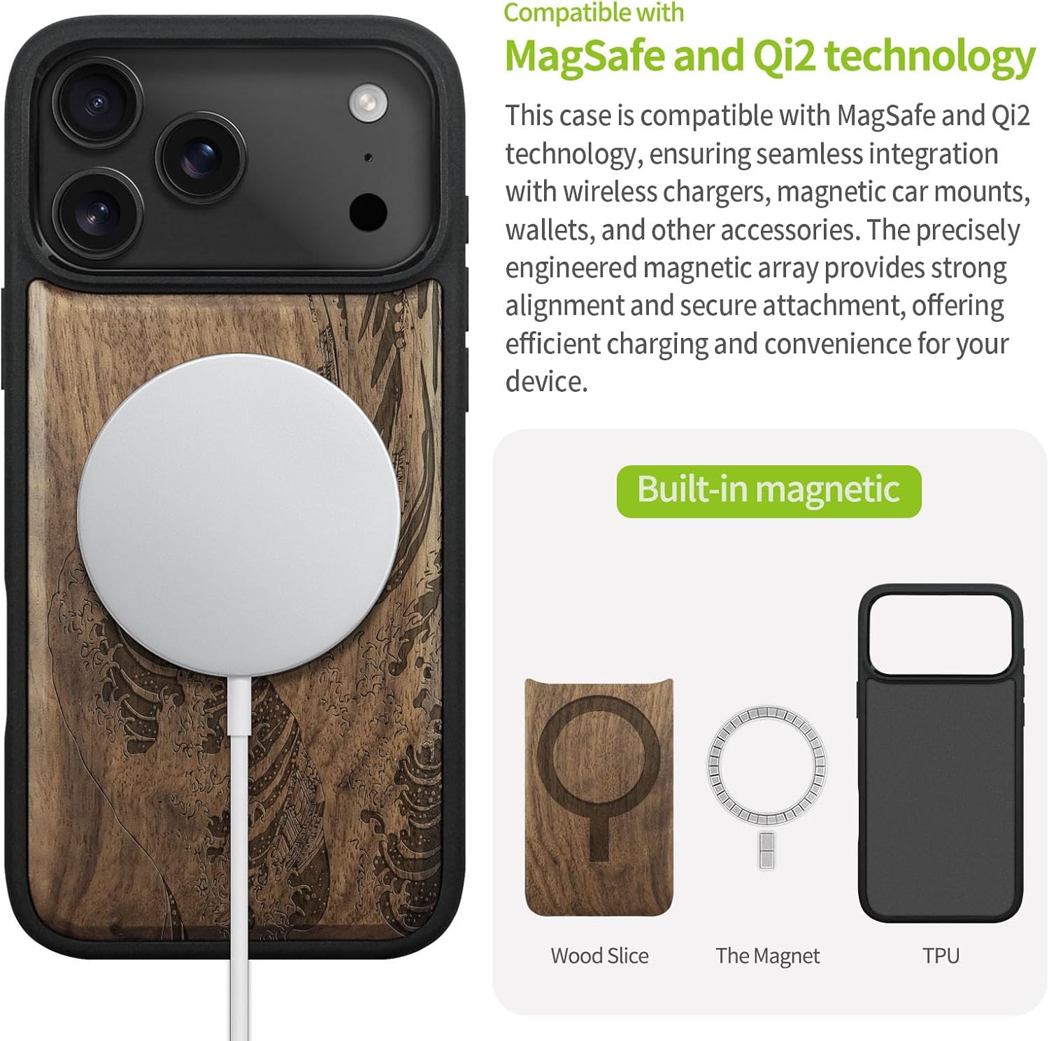 Carveit Magnetic Wooden Case for iPhone 17 Pro Max Case, Wood Artisan Engraved & Black Soft TPU Shockproof Cover, Compatible with MagSafe Wireless Chargers (Wave Reimagined) Walnut