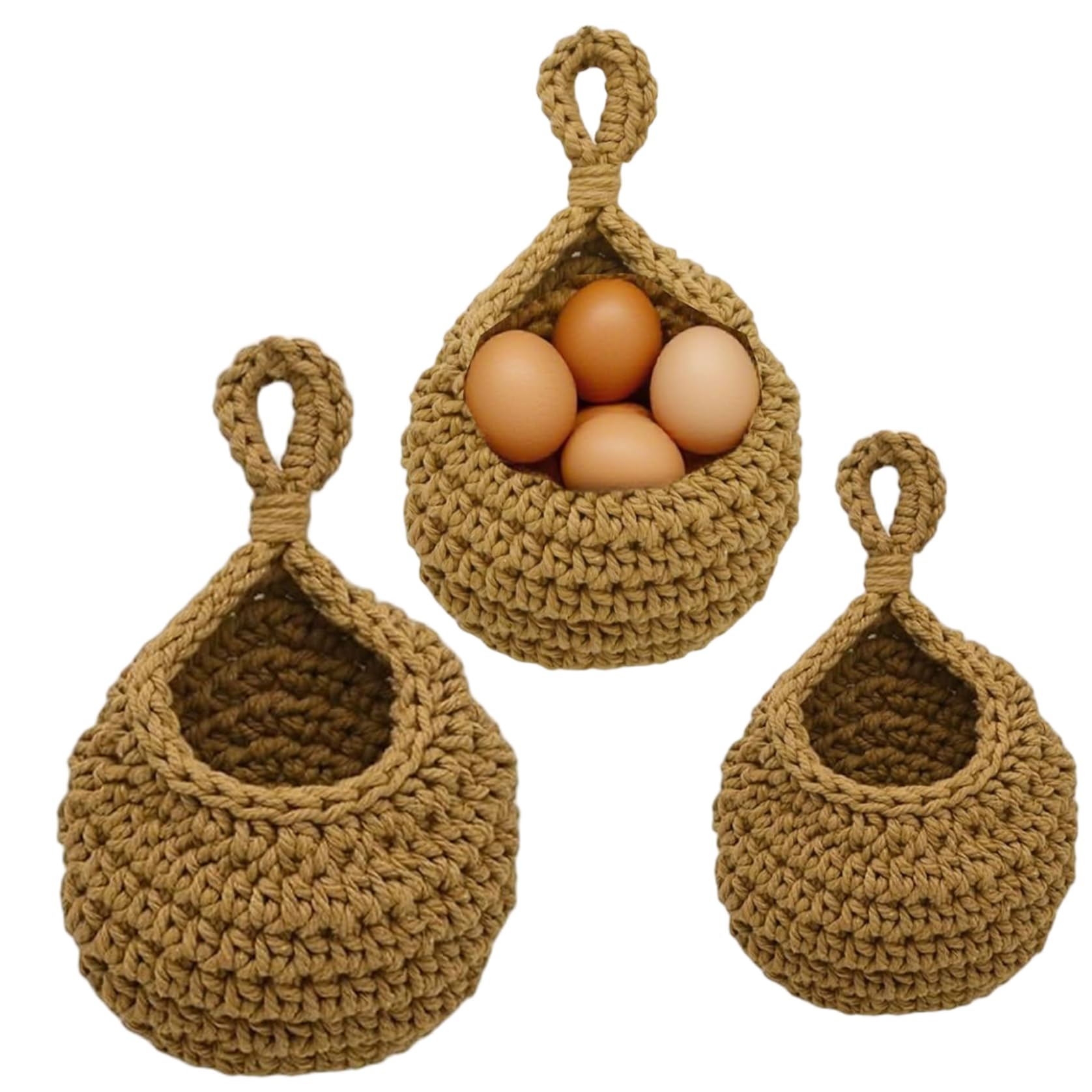 Uanqfegy Hanging Storage Baskets - 3PCS 3 Sizes Rustic Woven Hanging Fruit Baskets with Hooks, for Kitchen Fruit Vegetable