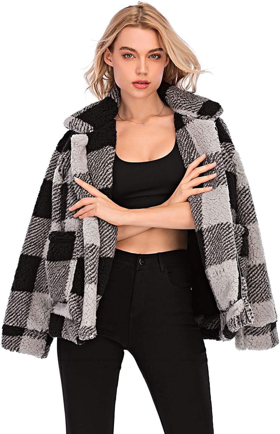 Comeon Women’s Coat Casual Lapel Fleece Fuzzy Faux Shearling Zipper Coats Warm Winter Oversized Outwear Jackets