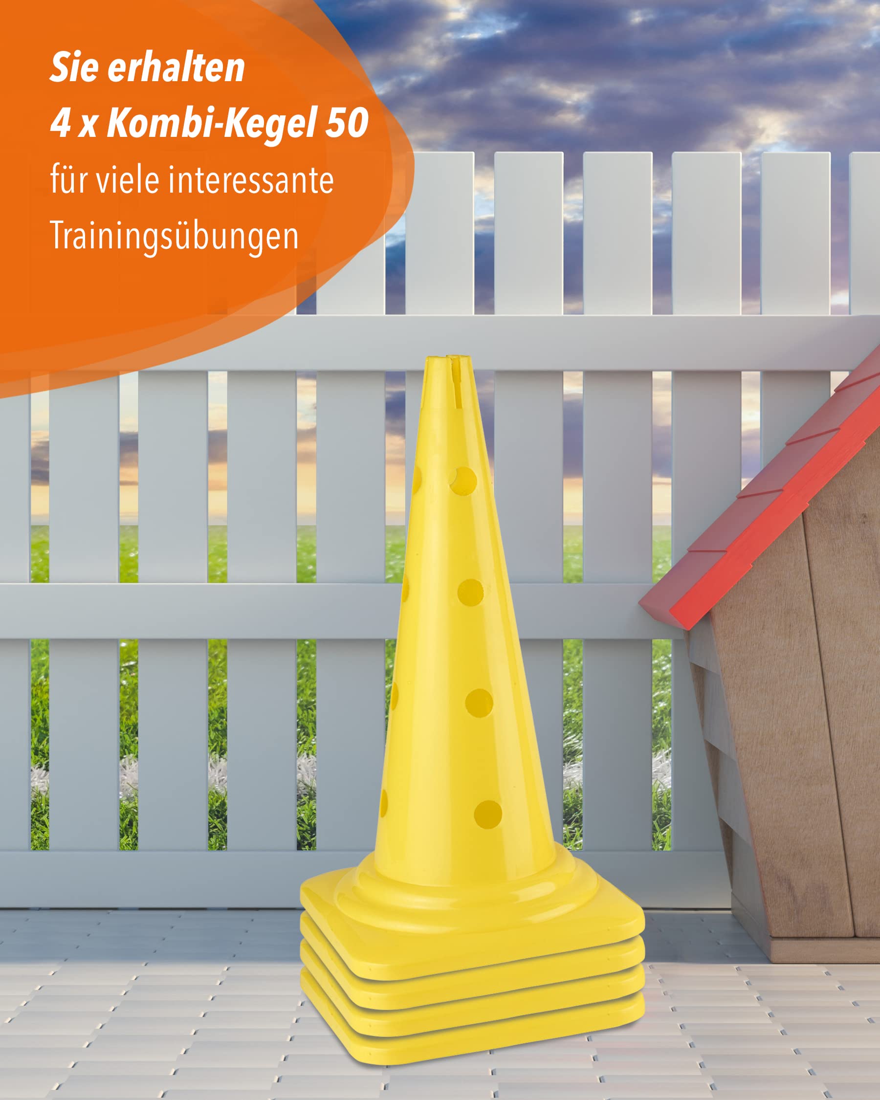 Kombi Kegel 50 cm – 4 im Set – Parcours-Hindernis für Agility-Training – Sprung- & Slalom-Hütchen für Hund, Sport, Pferd & Kind – 50 cm