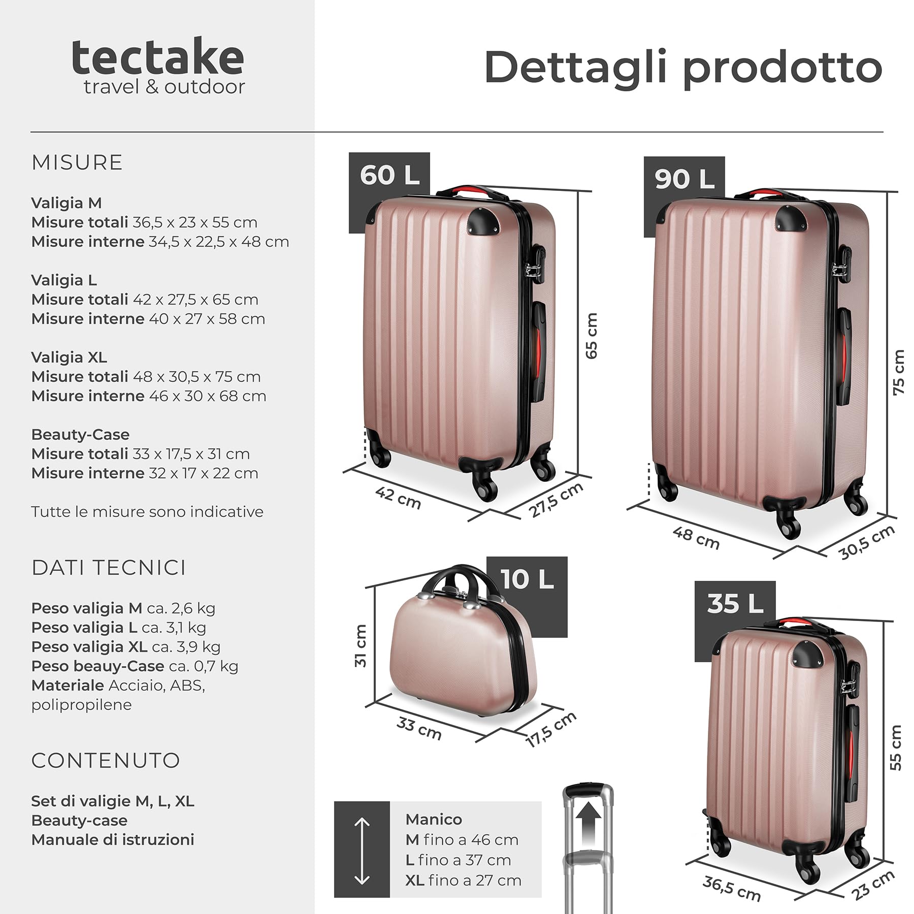 tectake® Set Valigie Pucci, Set di Valigie con Rotelle Girevoli a 360°, Beauty Case Incluso, Trolley da Viaggio, Serratura di Sicurezza, Adatto per Tutti i Tipi di Viaggi - Rosa Dorato
