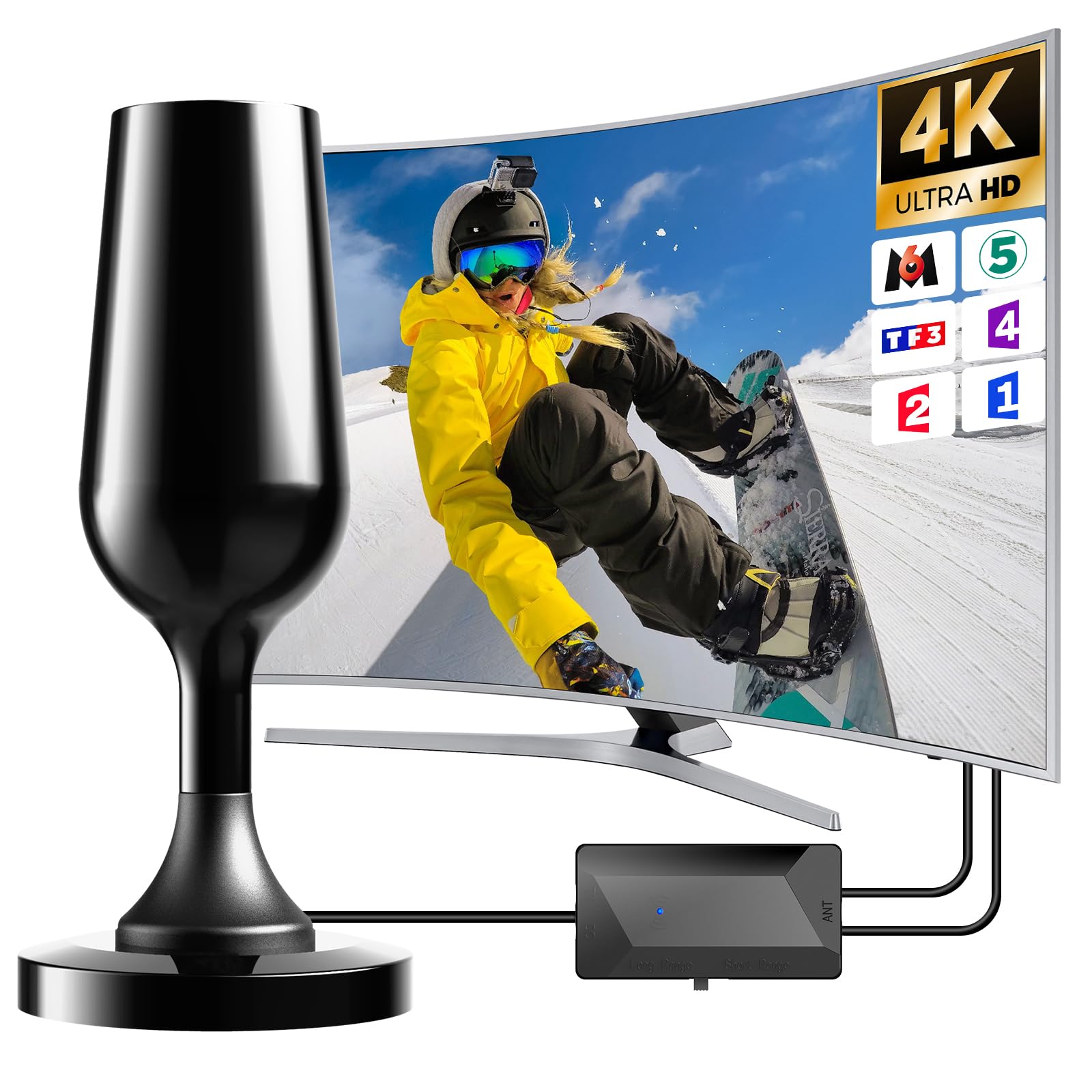 Antenne TV Intérieure 2025 - Portée 500km - 4K/1080p - Base Magnétique - Câble 5m - Réception 360°