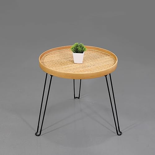 Miniatura 4 de Colección PJ Mesa auxiliar redonda de madera y ratán, mesa plegable con trípode de metal, bandeja redonda de ratán, estilo bohemio, mesa auxiliar