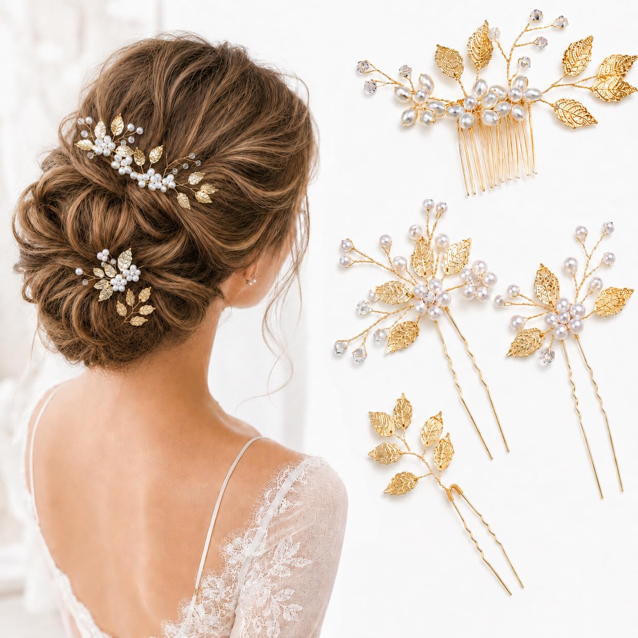 4Pcs Gold Leaf Crystal Pearl Bridal Hair Pins, Elegant Bridal Hair Accessories, Hair Jewelry for Women, Pearl Wedding Hair Accessories for Brides Bridesmaids Women Girls (Gold)