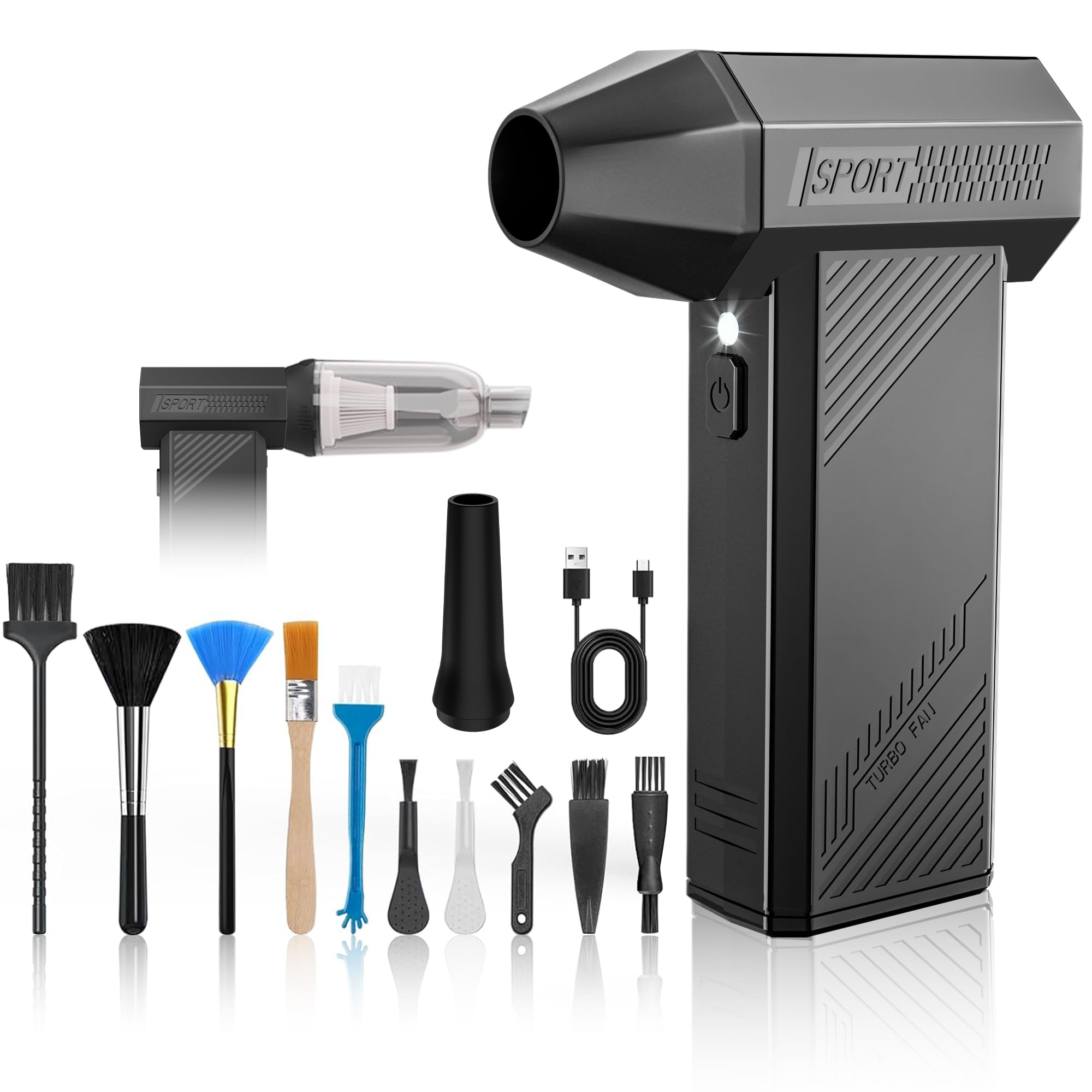 MJY 180000Rpm 2 in 1 Electric air Duster, 7600mAh Battery, 4-Speed Adjustable Compressed air Duster with LED Lantern for PC Cleaning Set, mini car Vacuum Cleaner