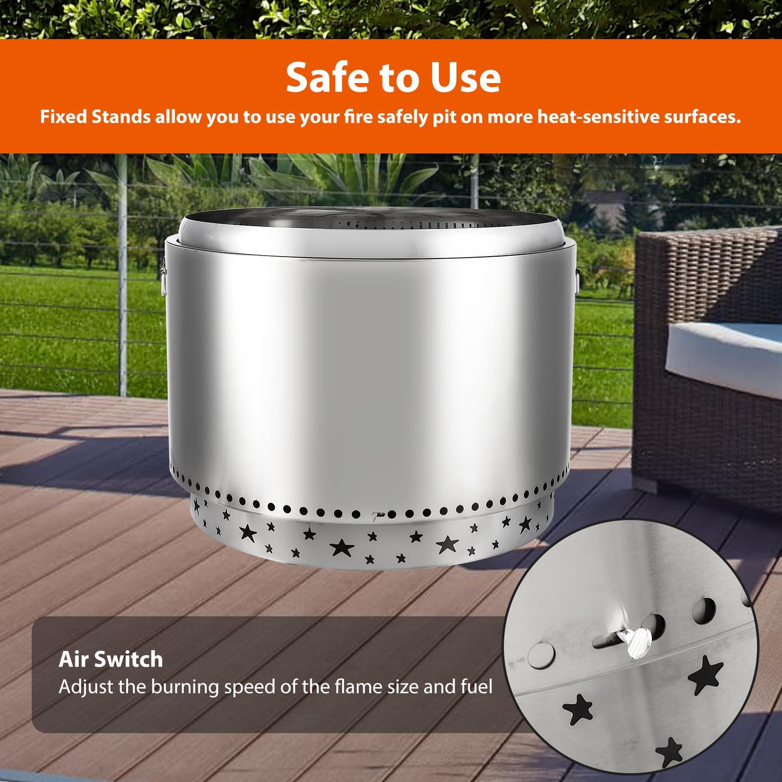 Brasero Exterior sin Humo con Interruptor de Aire, 27 Pulgadas, Acero Inoxidable, combustión Secundaria, portátil para Acampar, Fiestas en el jardín y Uso versátil en Interiores y Exteriores.