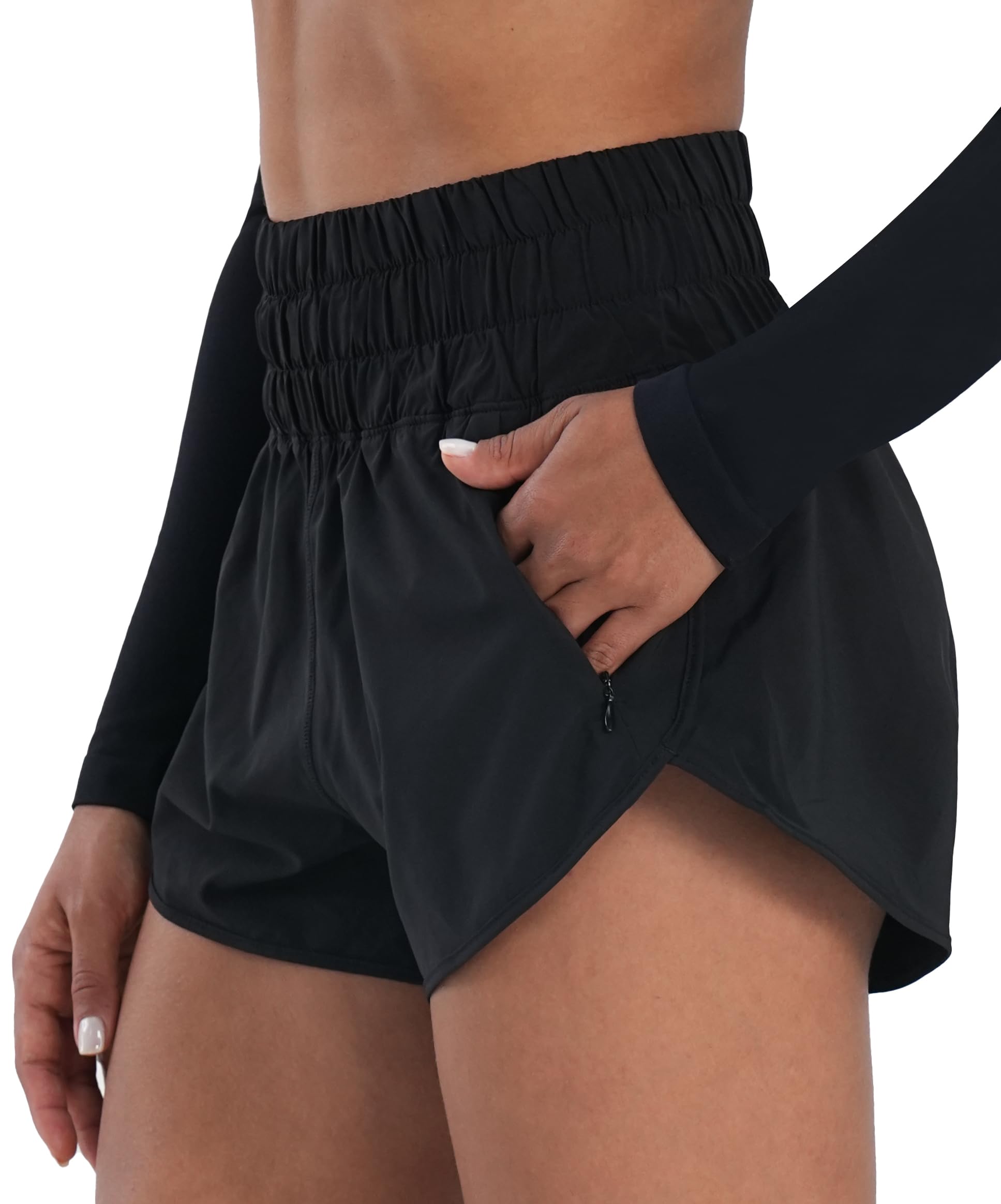 Sunzel Pantalones cortos deportivos de cintura alta para mujer, forro de malla de secado rápido, pantalones cortos de entrenamiento con bolsillos con cremallera