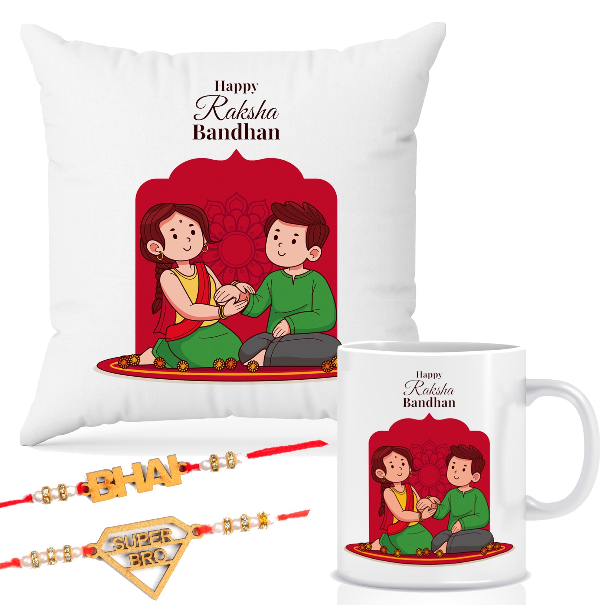 Raksha Bandhan Gift Combo – Cushion with Filler, Printed Coffee Mug & 2 Rakhi | Cute Brother Sister Cartoon Design | Rakhi Gift Set for Brother, RKCMUG-12