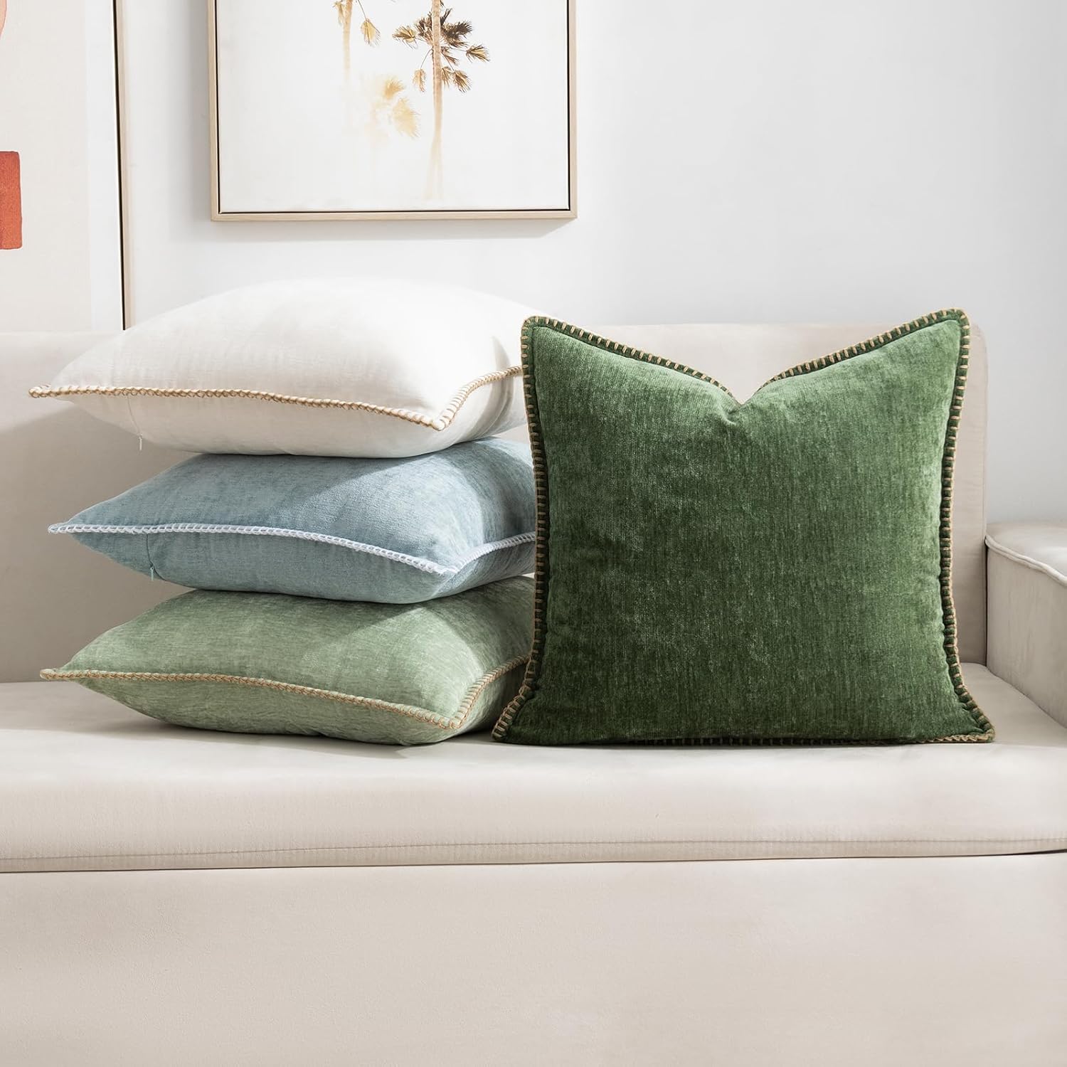 Decorative Green Throw Pillow Covers Pack of 2, 18x18 in Chenille Soft Pillow Covers with Stitched Edge, Farmhouse Neutral Euro Decorative Pillows for Bed Couch Sofa Home Decor - Image 3