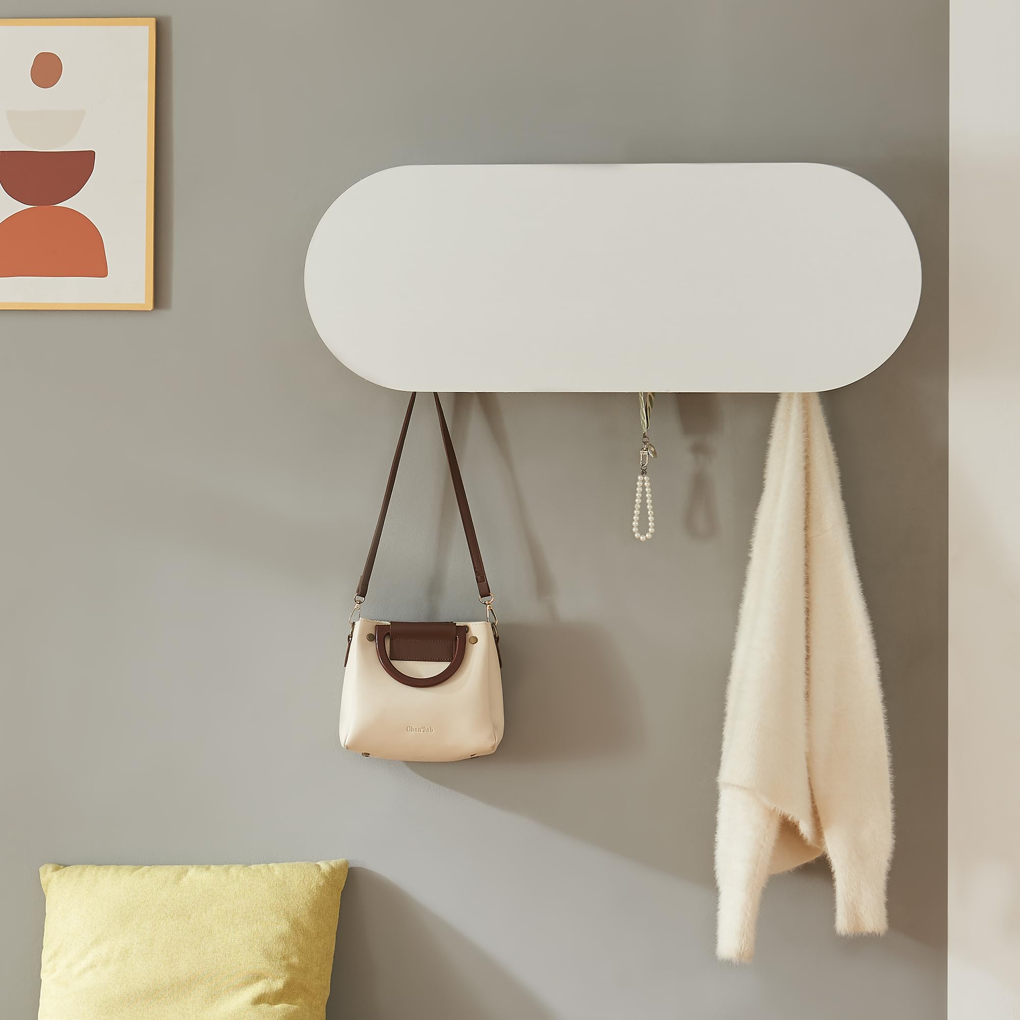 [en.casa] Appendiabiti da Parete con Scomparto Chiuso e Vani Aperti Mensola Attaccapanni a Muro con Anta a Ribalta e 6 Ganci per Borse Cappotti 80 x 16 x 30 cm - Bianco