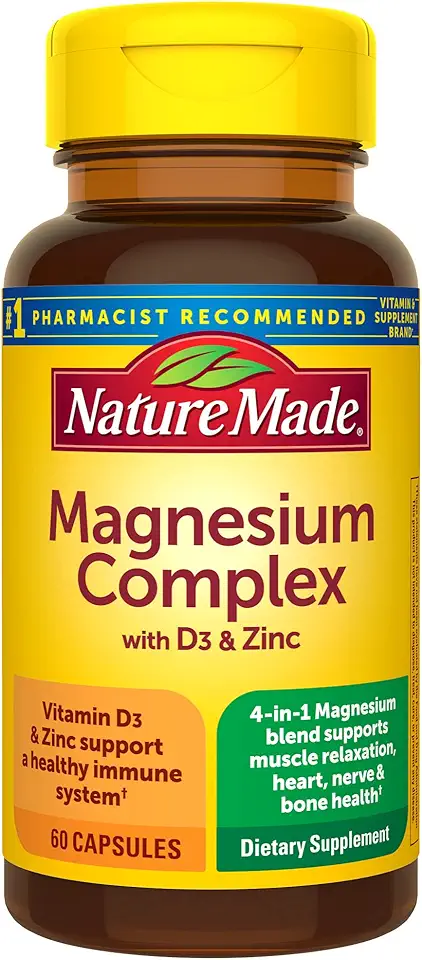 Nature Made Magnesium Complex Supplement with Vitamin D &amp; Zinc for Immune Support, Magnesium Glycinate, Malate, Citrate &amp; Oxide for Muscle, Nerve, Heart &amp; Bone Support, 60 Capsules, 30 Day